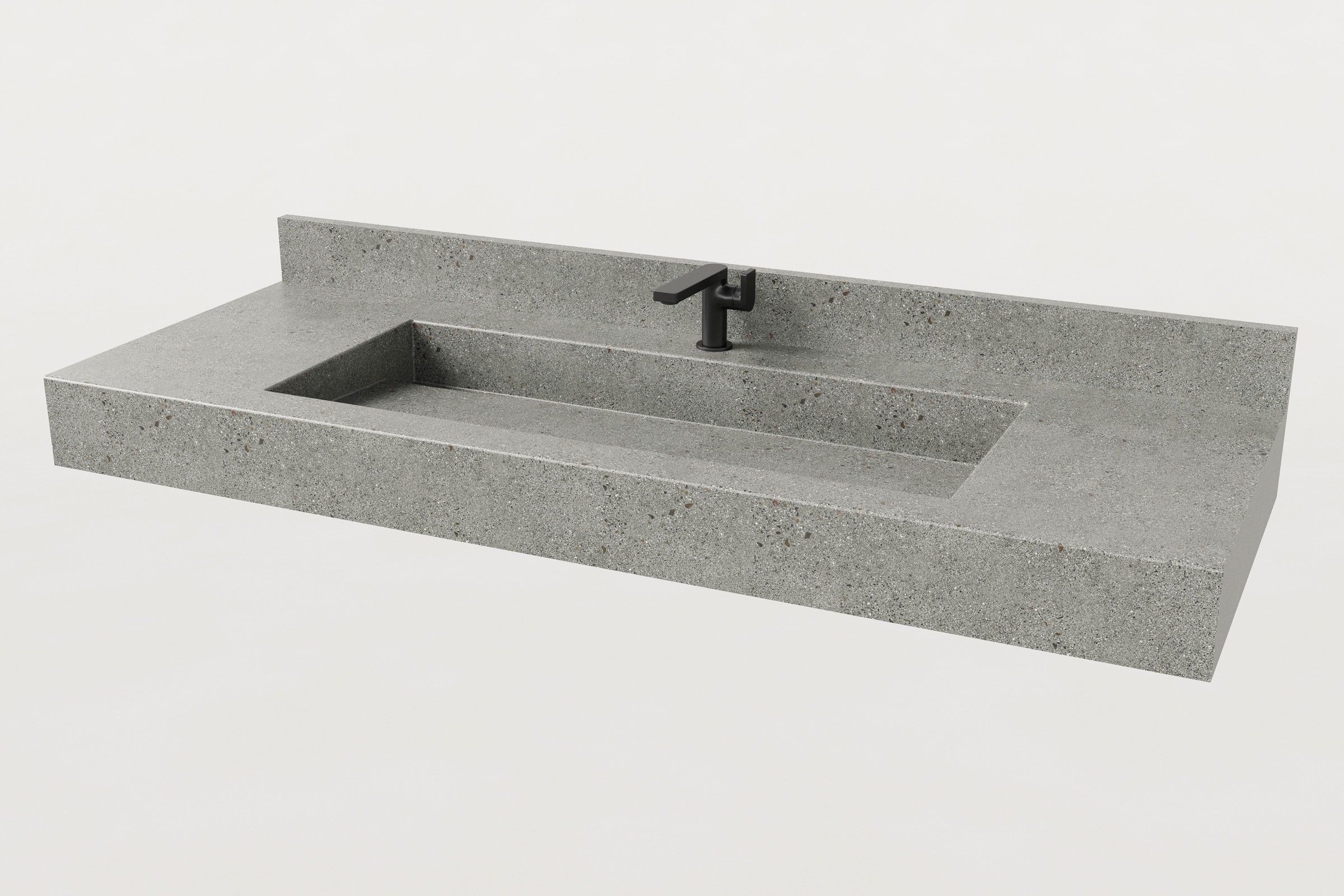 Trof Drop 60 Juda sink with integrated backsplash and matte black faucet.