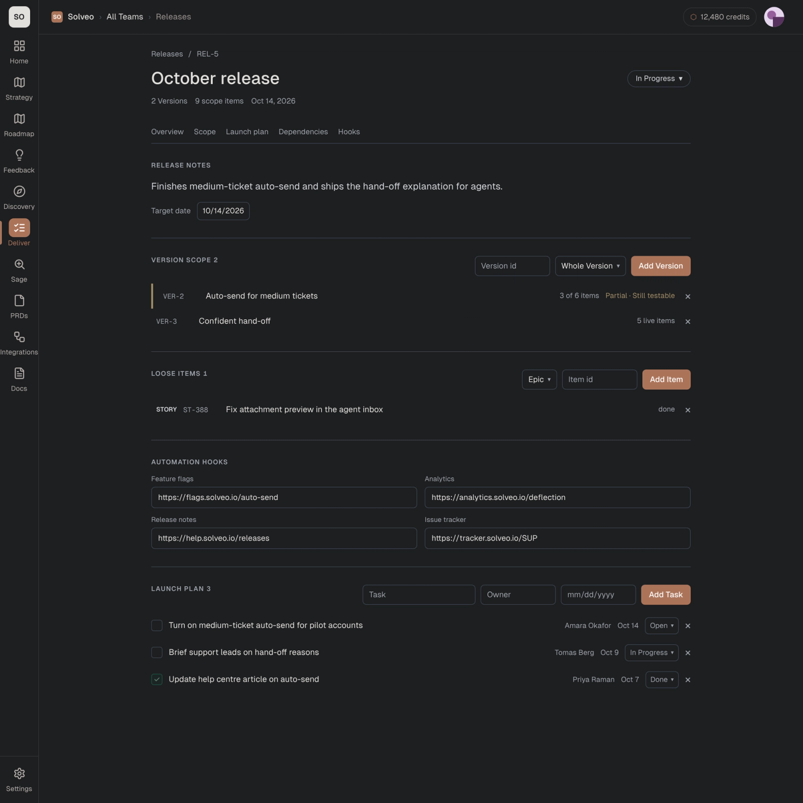 October release containing part of VER-2, all of VER-3 and one loose story, with automation hooks and a launch plan.