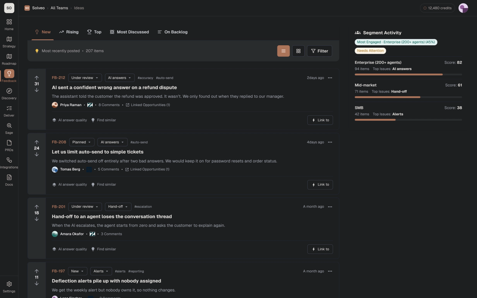 Feedback list in Shorter Loop showing customer feedback items imported from Zendesk and Intercom, with a segment activity panel