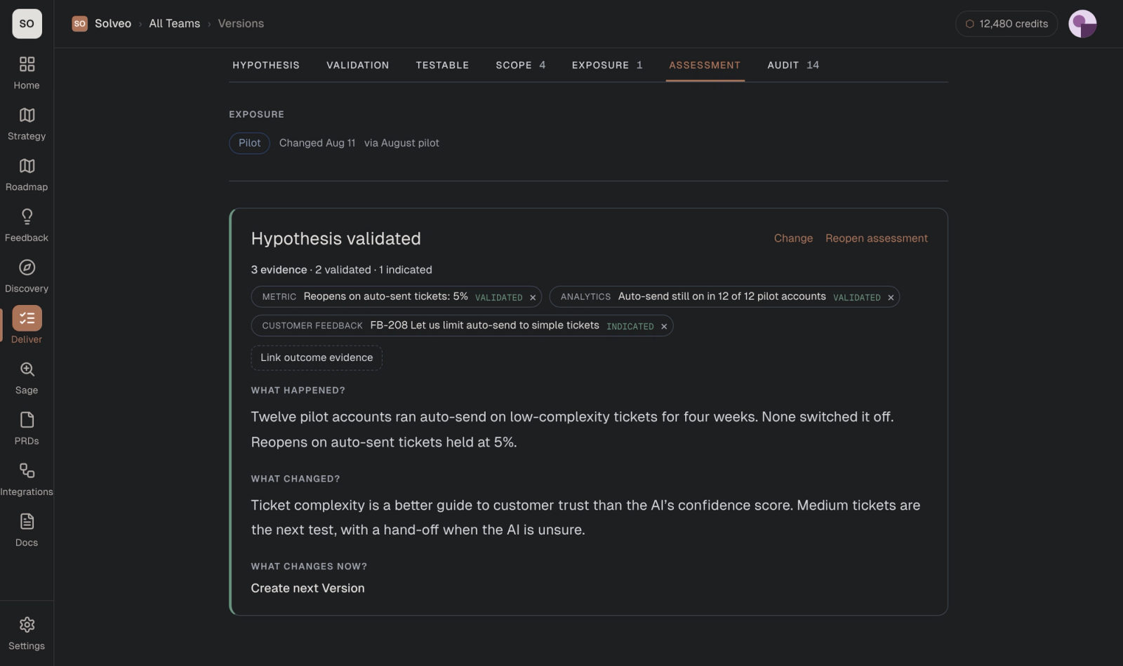 Version VER-1 marked Hypothesis validated, with three linked evidence items and the decision to create the next version.