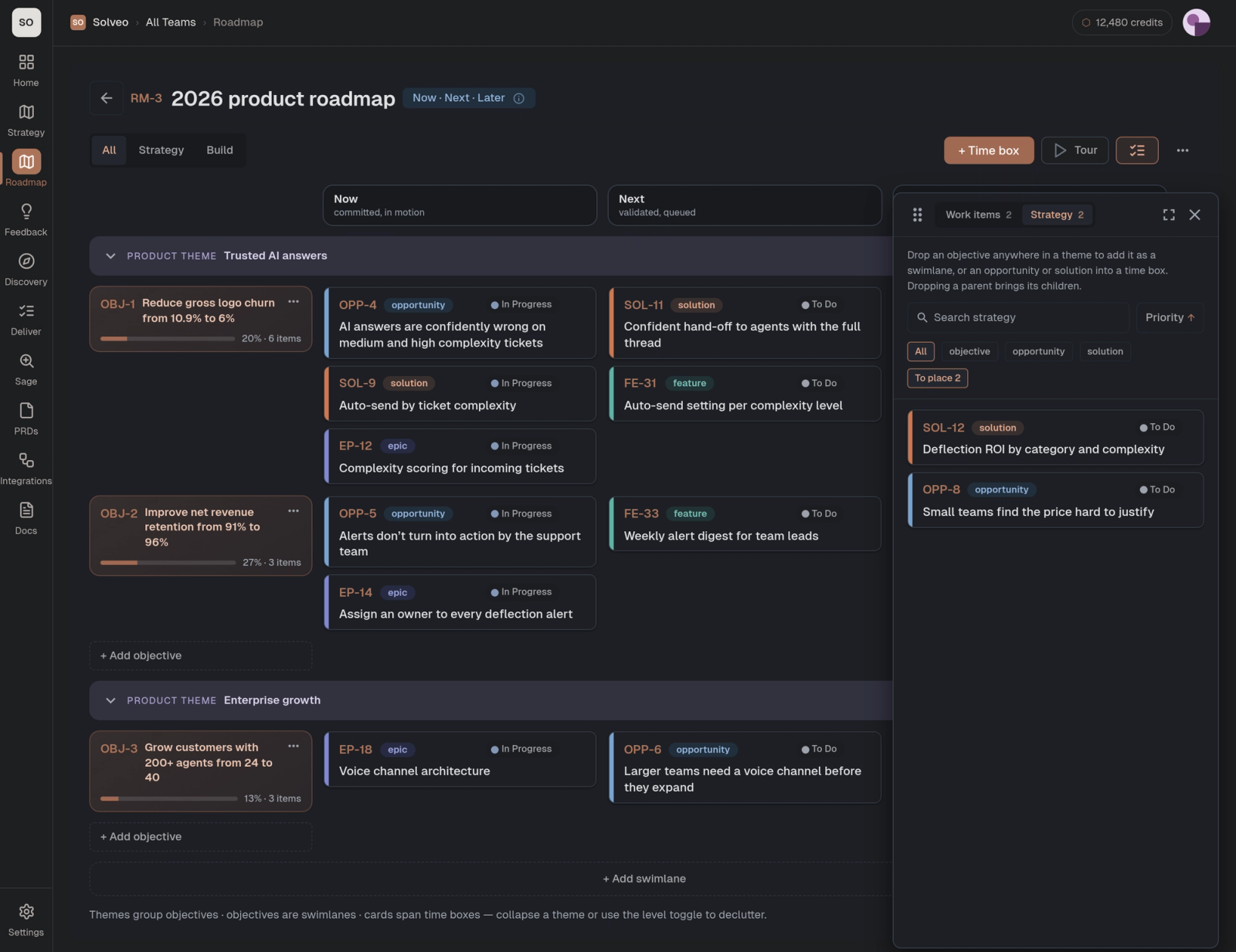 Screenshot of Solveo's roadmap with the backlog drawer open on the Strategy pool, filtered to items still to place. The drawer lists solution SOL-12 and opportunity OPP-8.