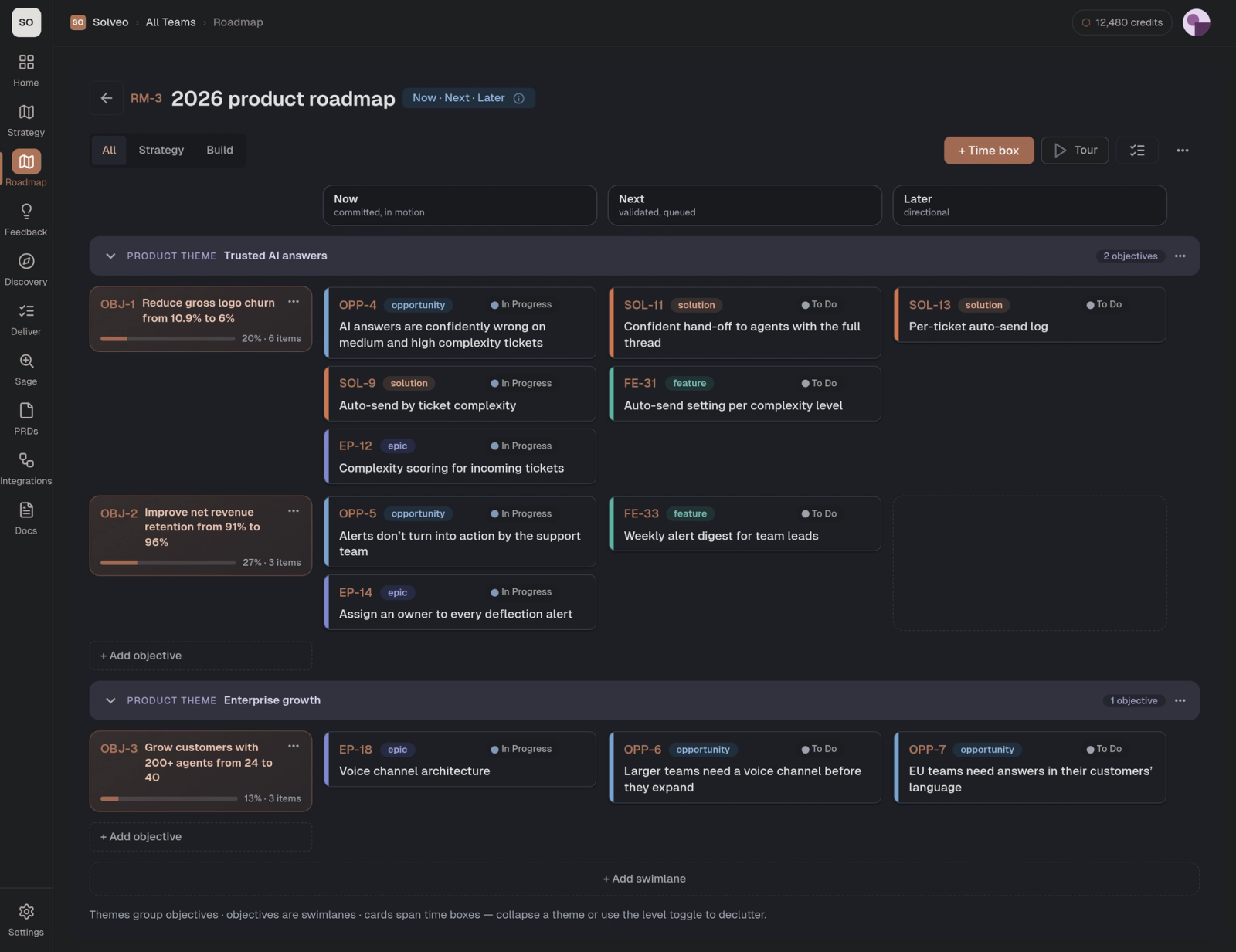 Screenshot of Solveo's Fixed Time Boxes roadmap in Shorter Loop, with columns Q3 2026, Q4 2026 and Q1 2027. Epics EP-12 and EP-18 each span two quarters and are labeled "spans 2 boxes".