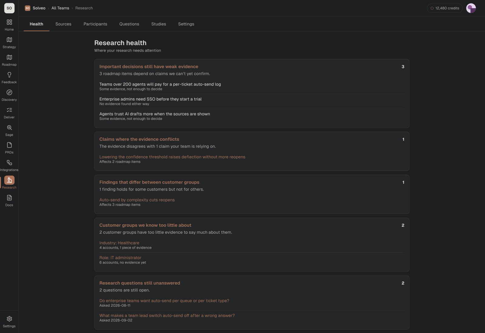 Shorter Loop Research sources page: an interview recording, a Slack thread, a HubSpot call log and a support export grouped as customer evidence, each with its date, type, participants and status.