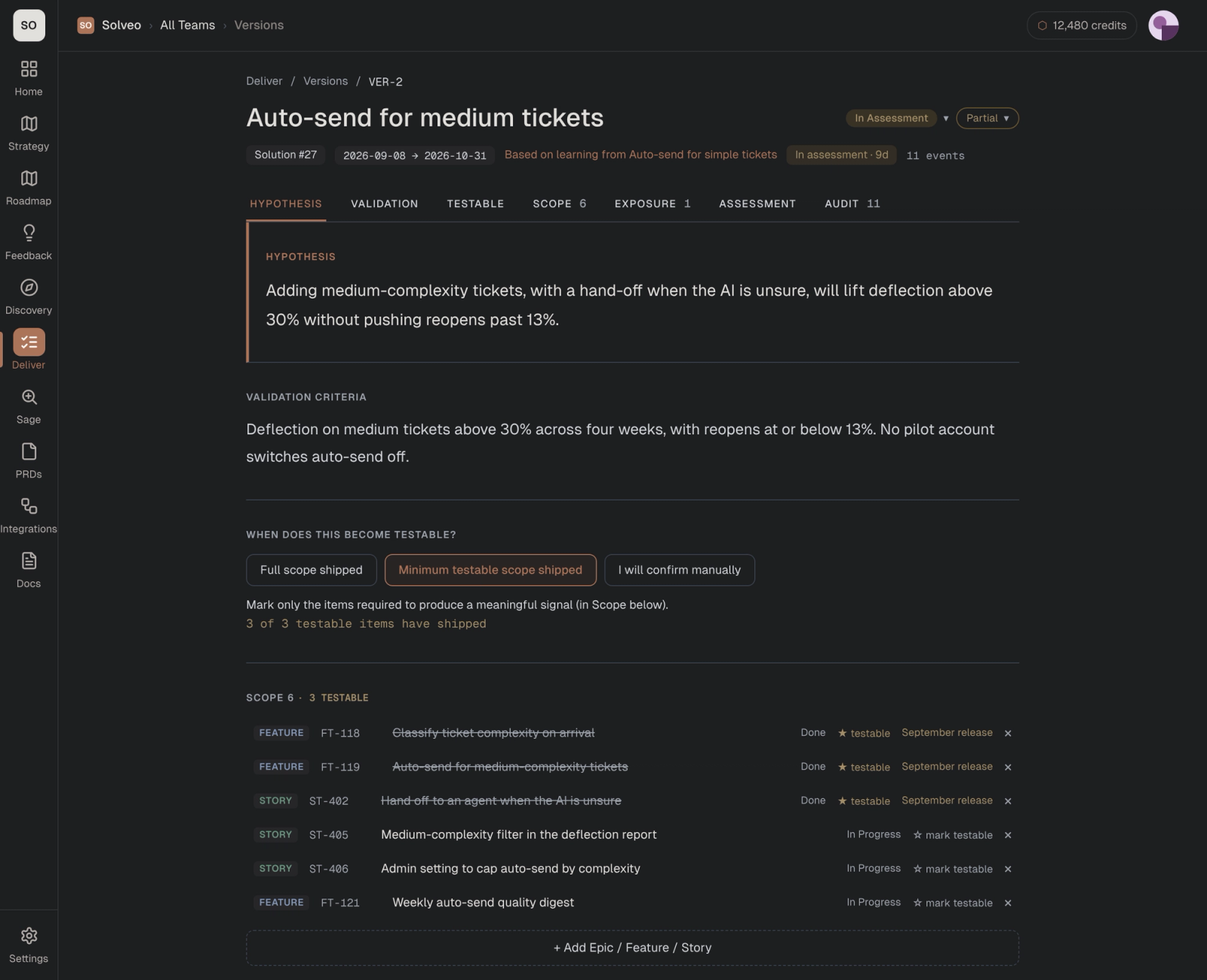 Version VER-2 with its hypothesis, validation criteria, minimum testable scope setting and six scope items, three marked testable.
