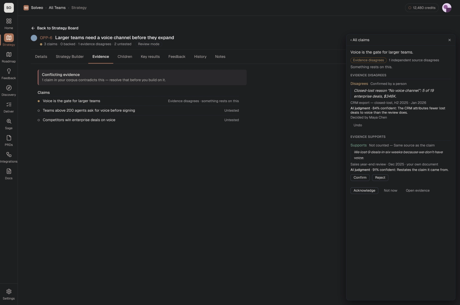 Evidence tab of opportunity OPP-4 in Shorter Loop showing its claims and the documents that back them