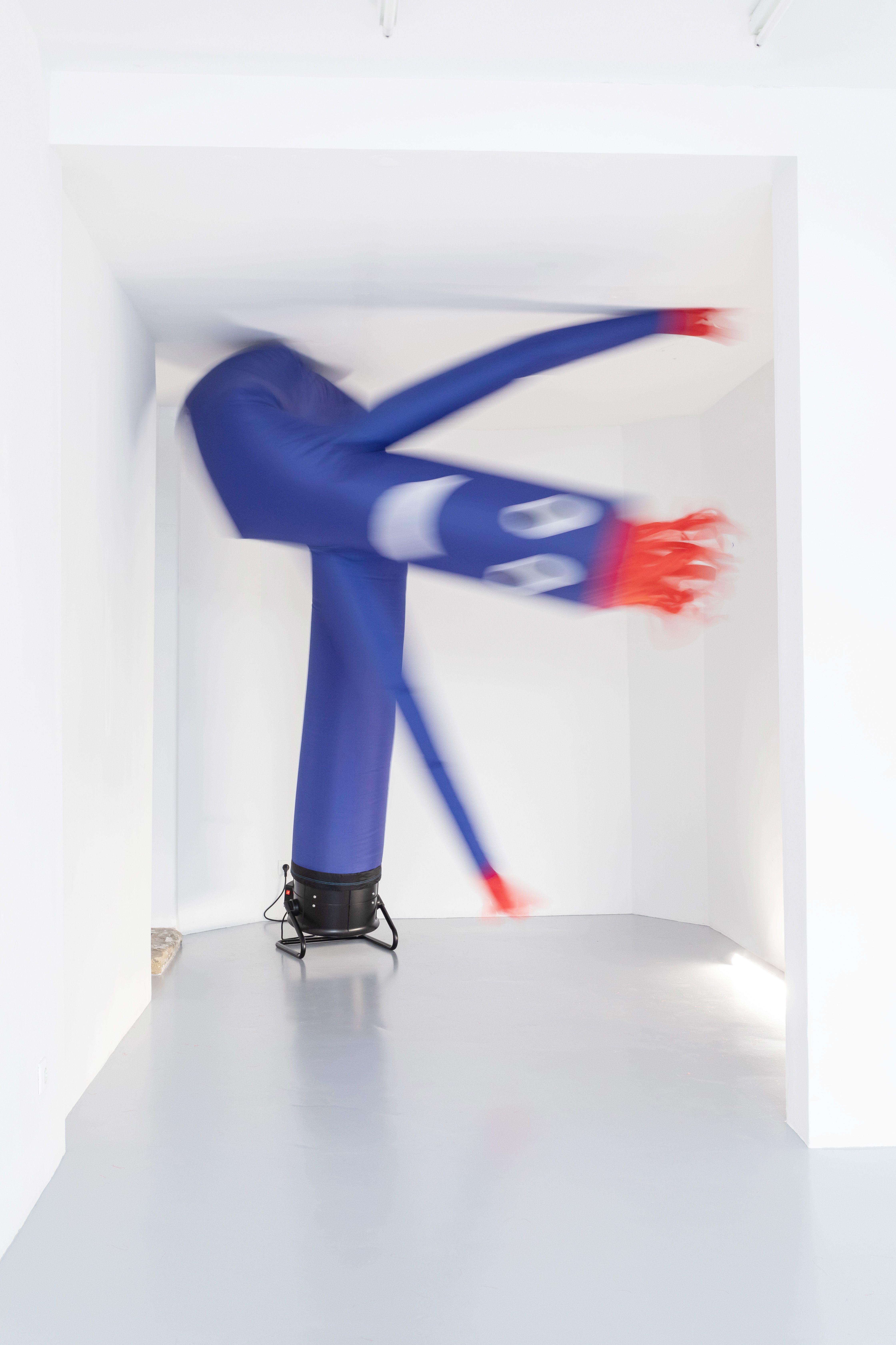 Blue skydancer flailing in a white room