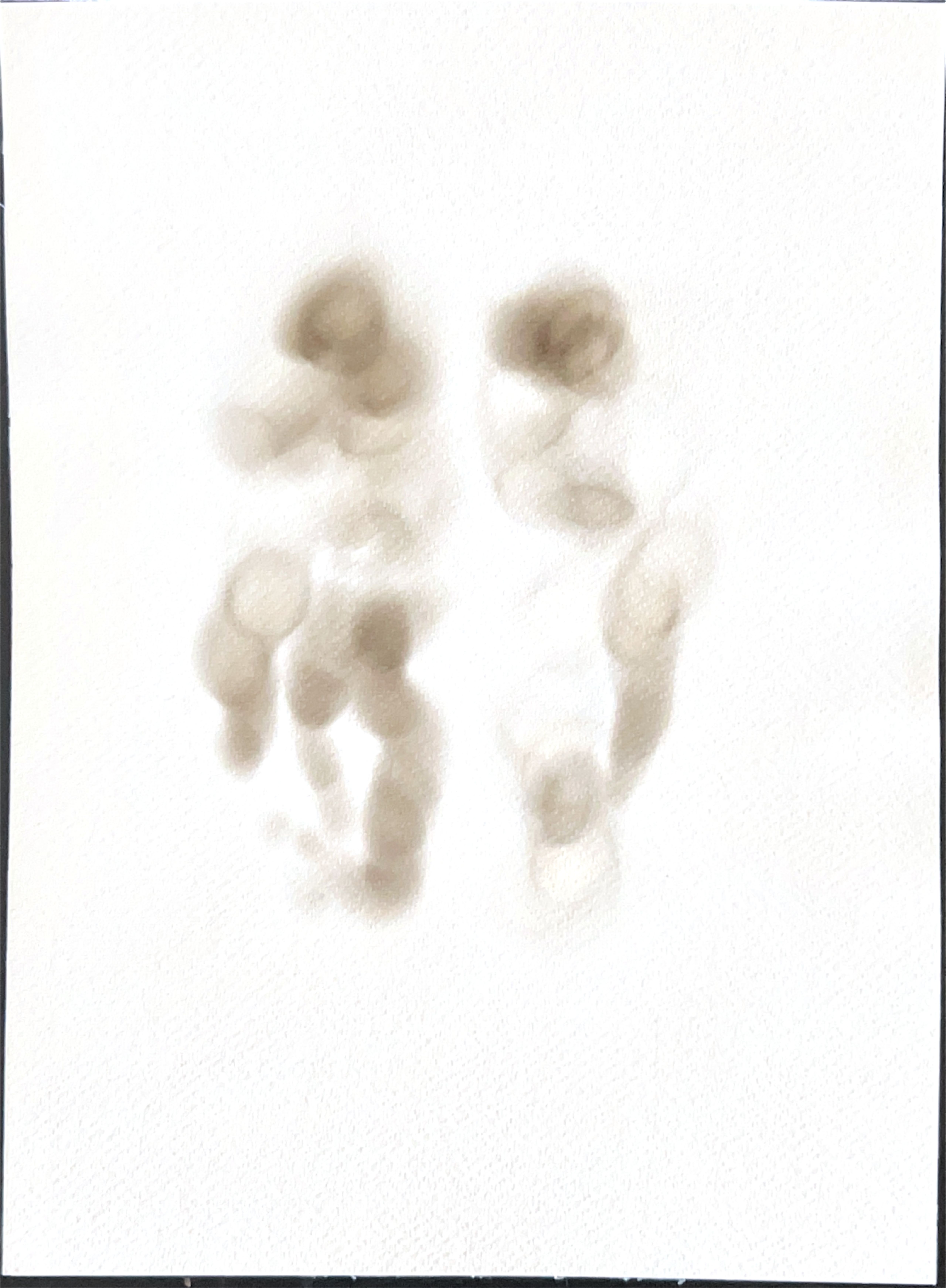 Drawing of two blurred brown eyes made of burn marks on white paper