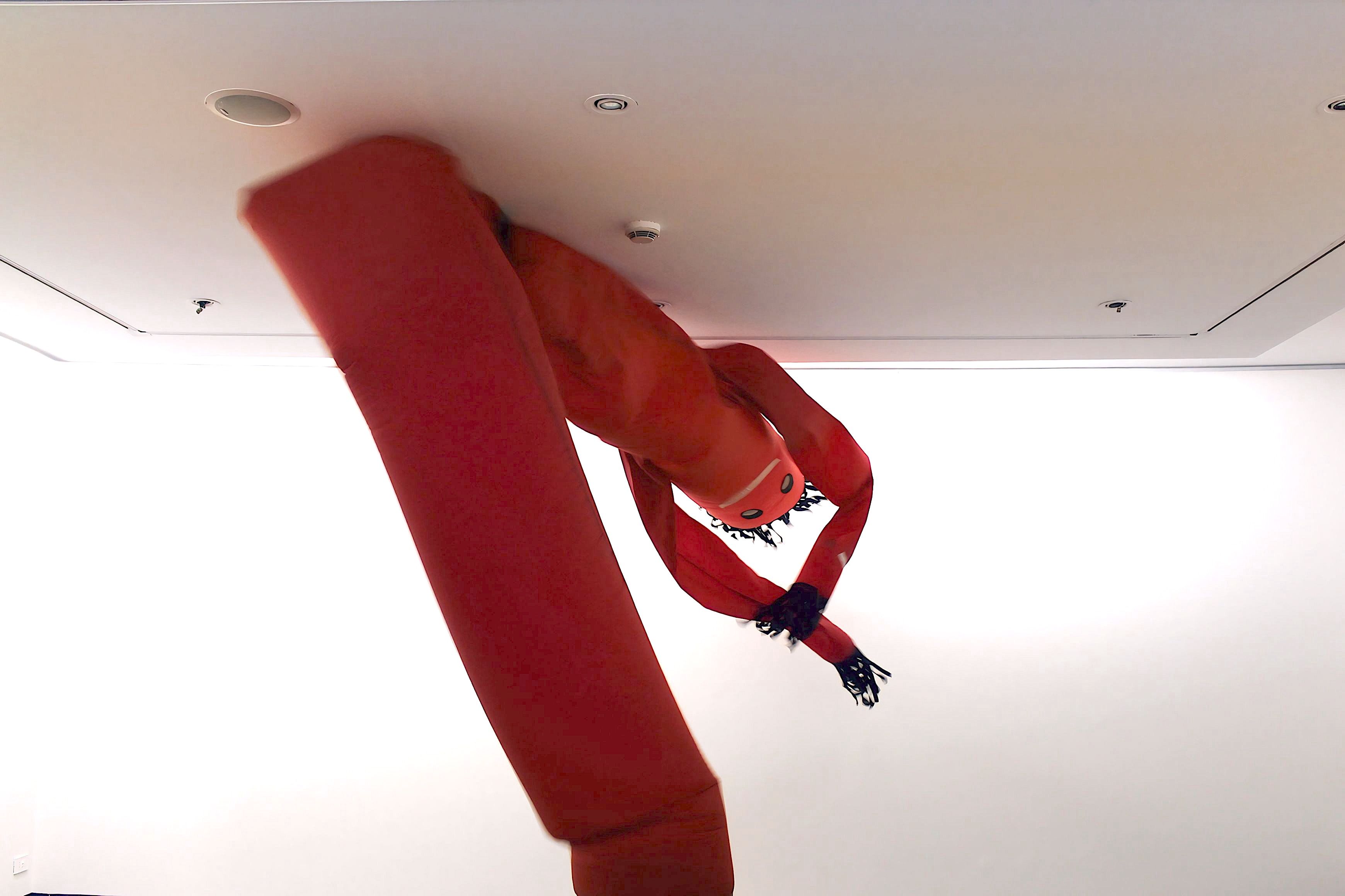 Red skydancer bent against the ceiling of a white room
