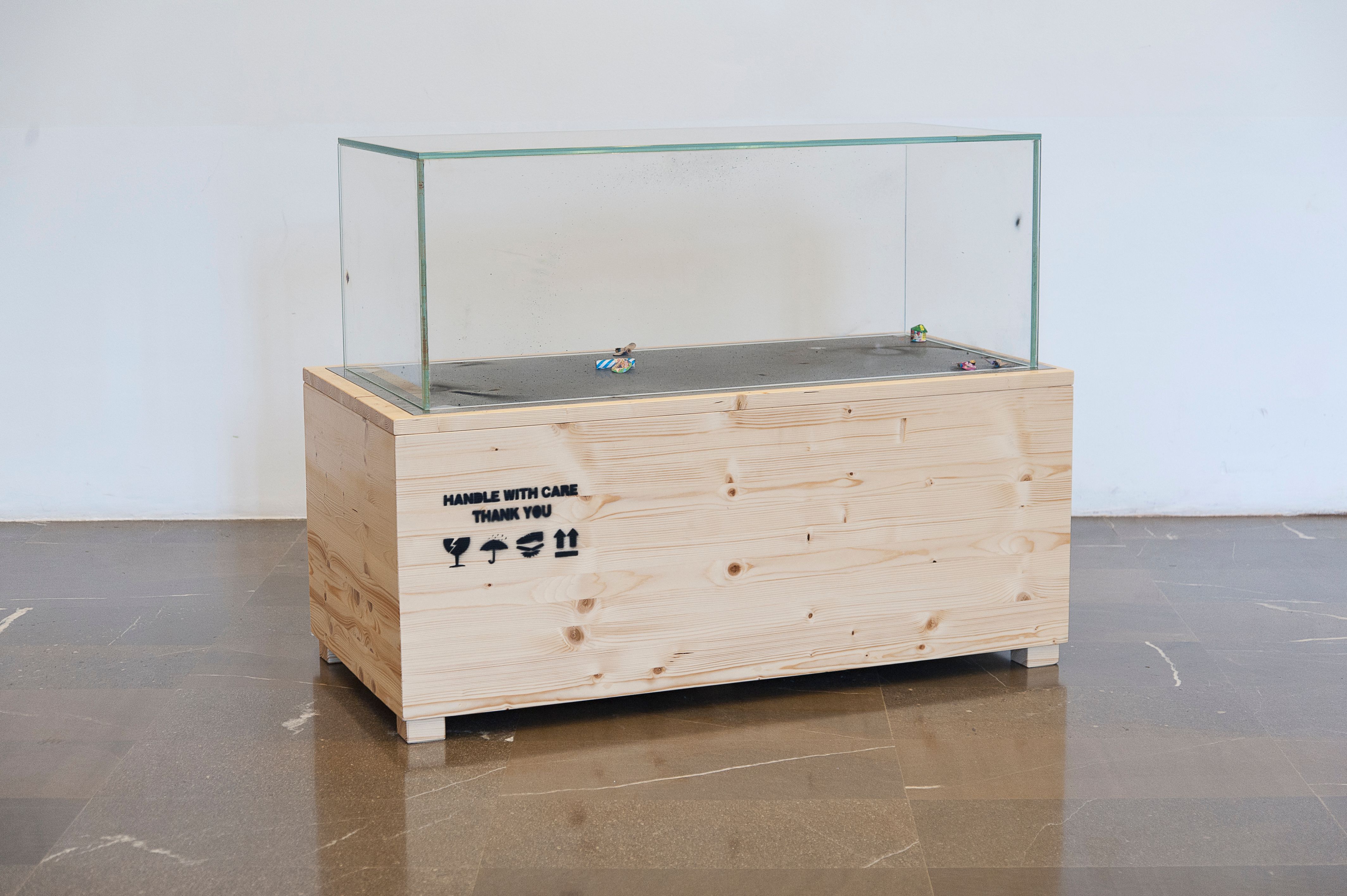 Glass case on a wooden crate marked HANDLE WITH CARE in a gallery