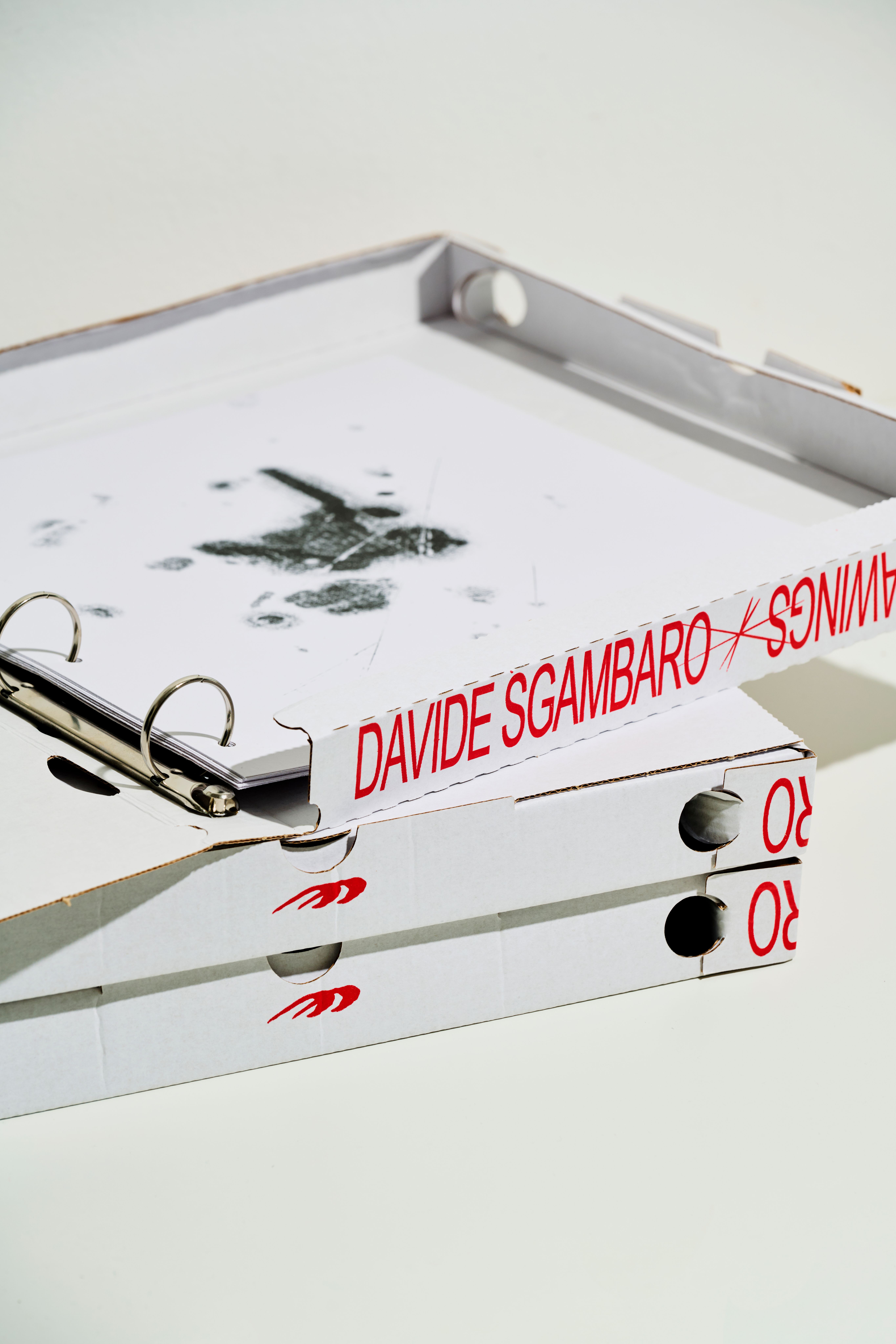 Opened pizza box book with ring binding and a risograph print inside