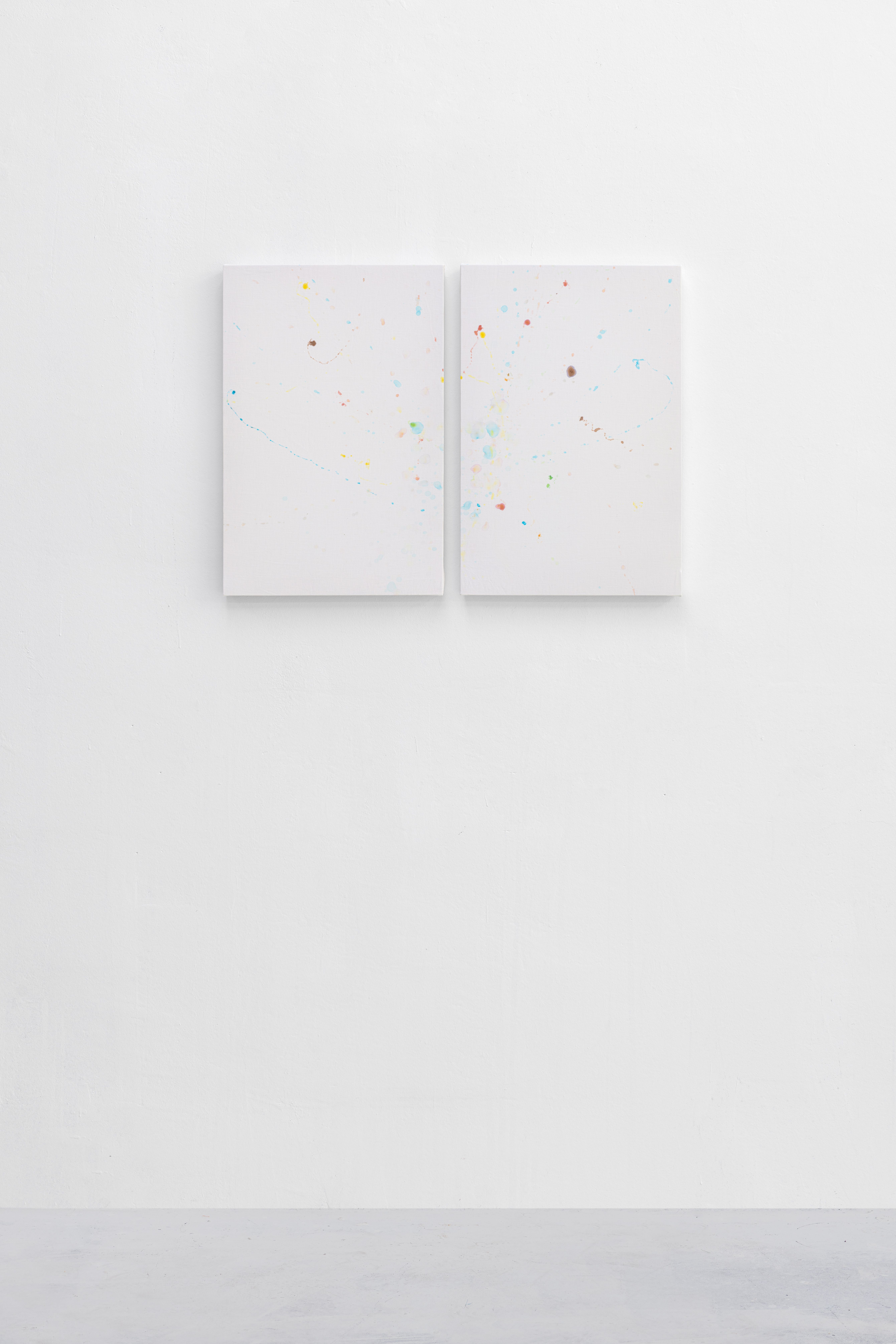 Small diptych of stained white sheets on a white wall
