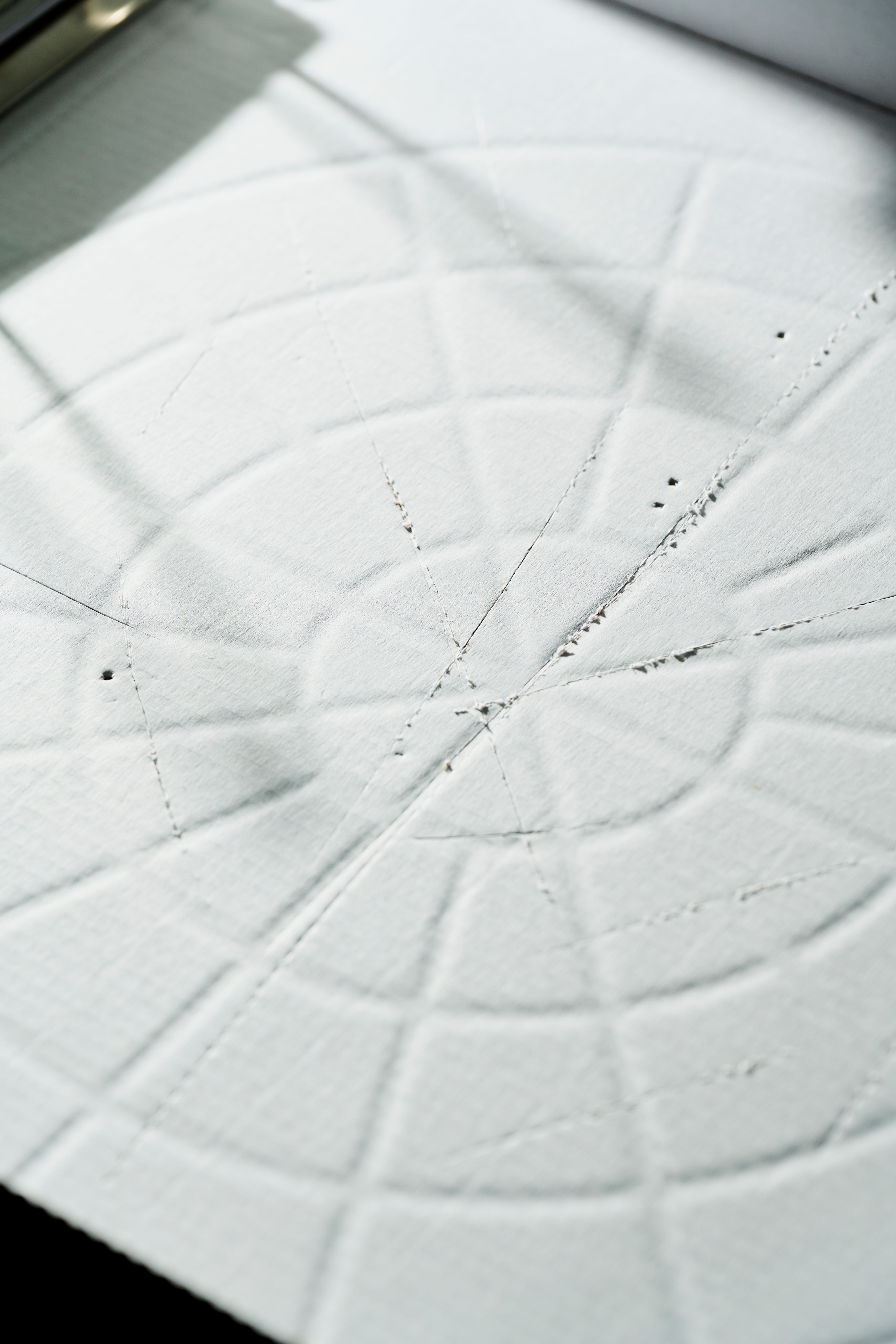 Close-up of embossed lines on the white cardboard of a pizza box