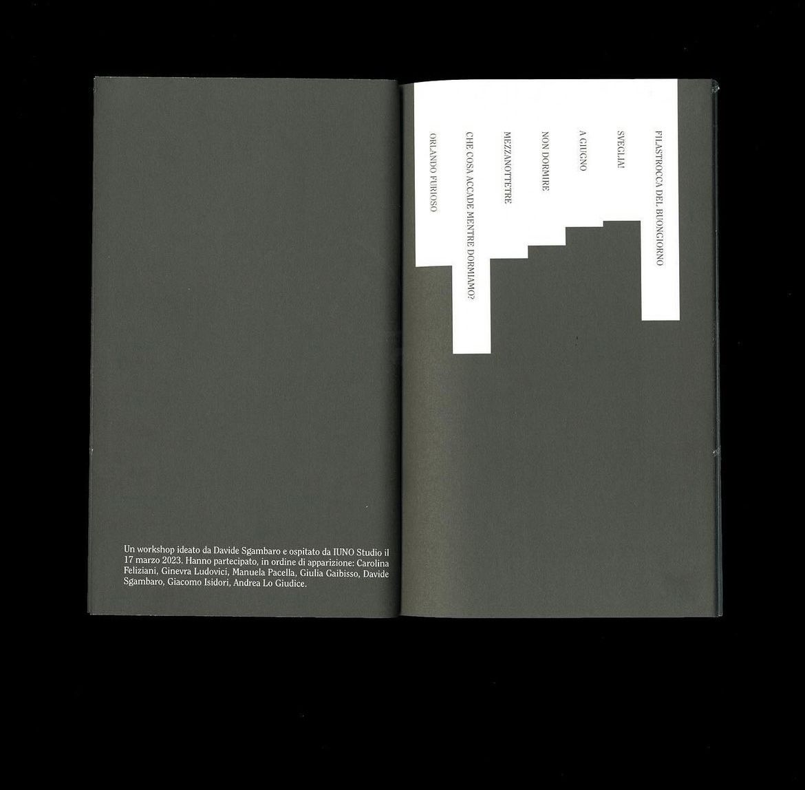 Open spread with a list of titles and the workshop credits