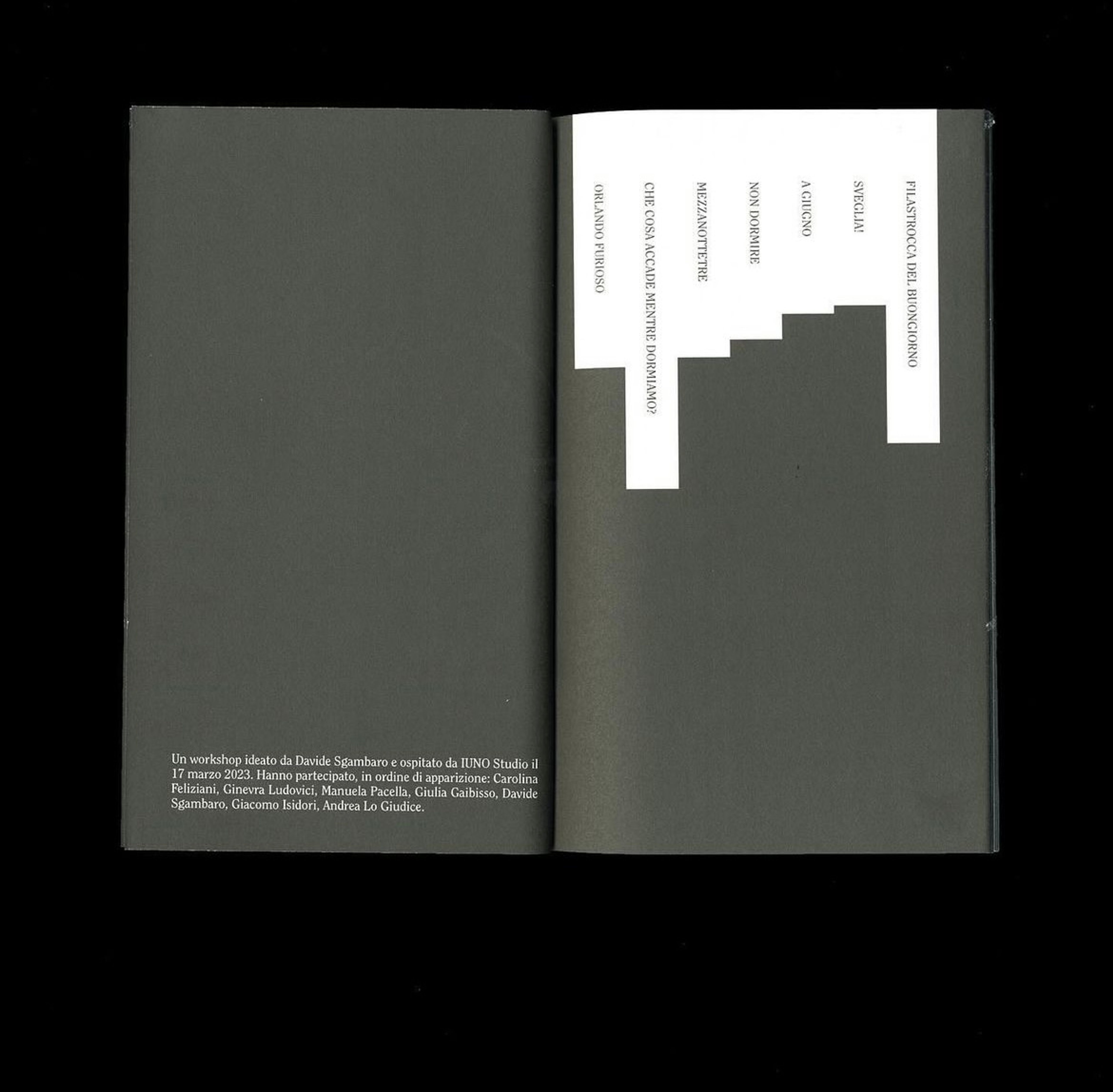 Open spread with a list of titles and the workshop credits