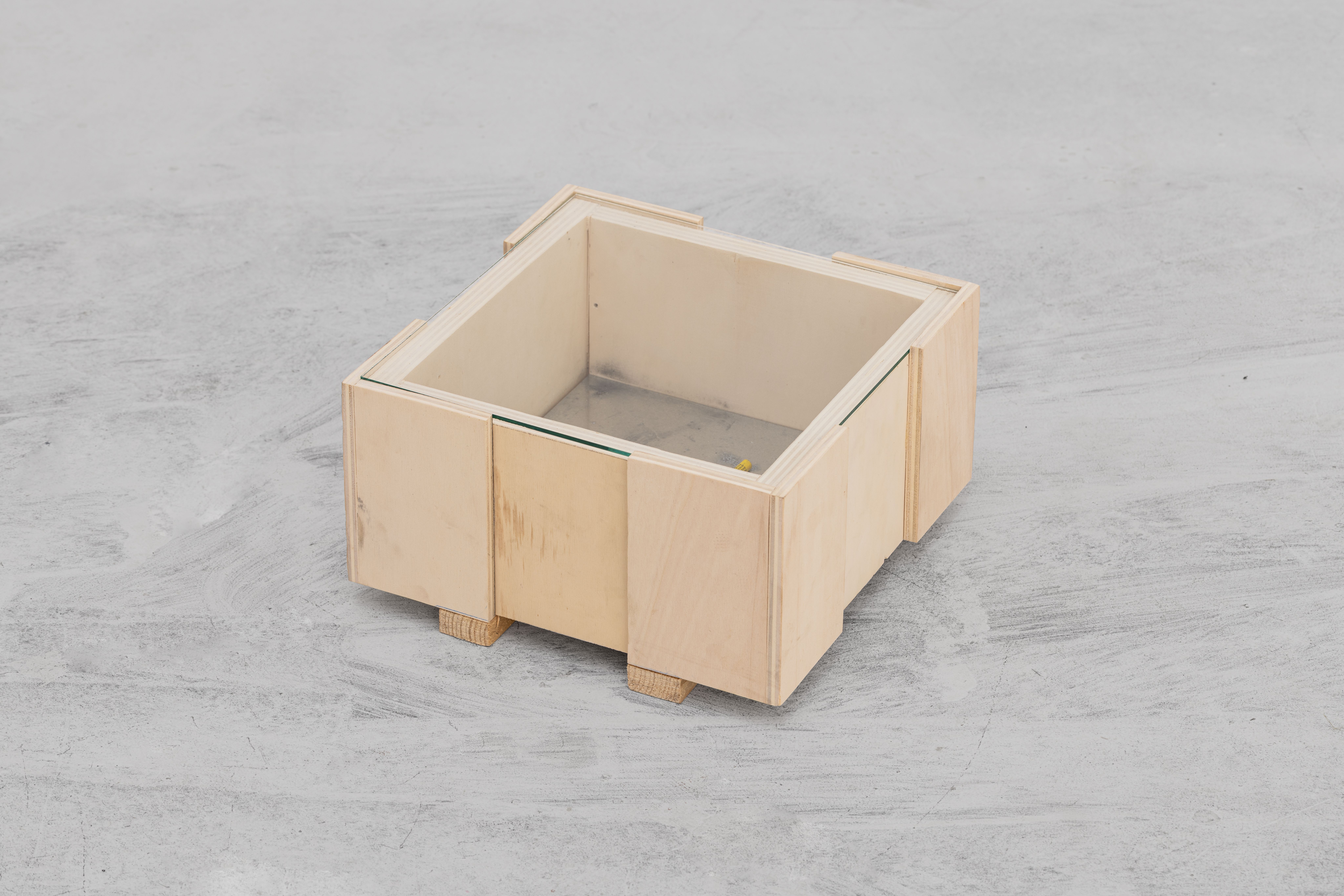 Small wooden case with a glass bottom on a grey floor