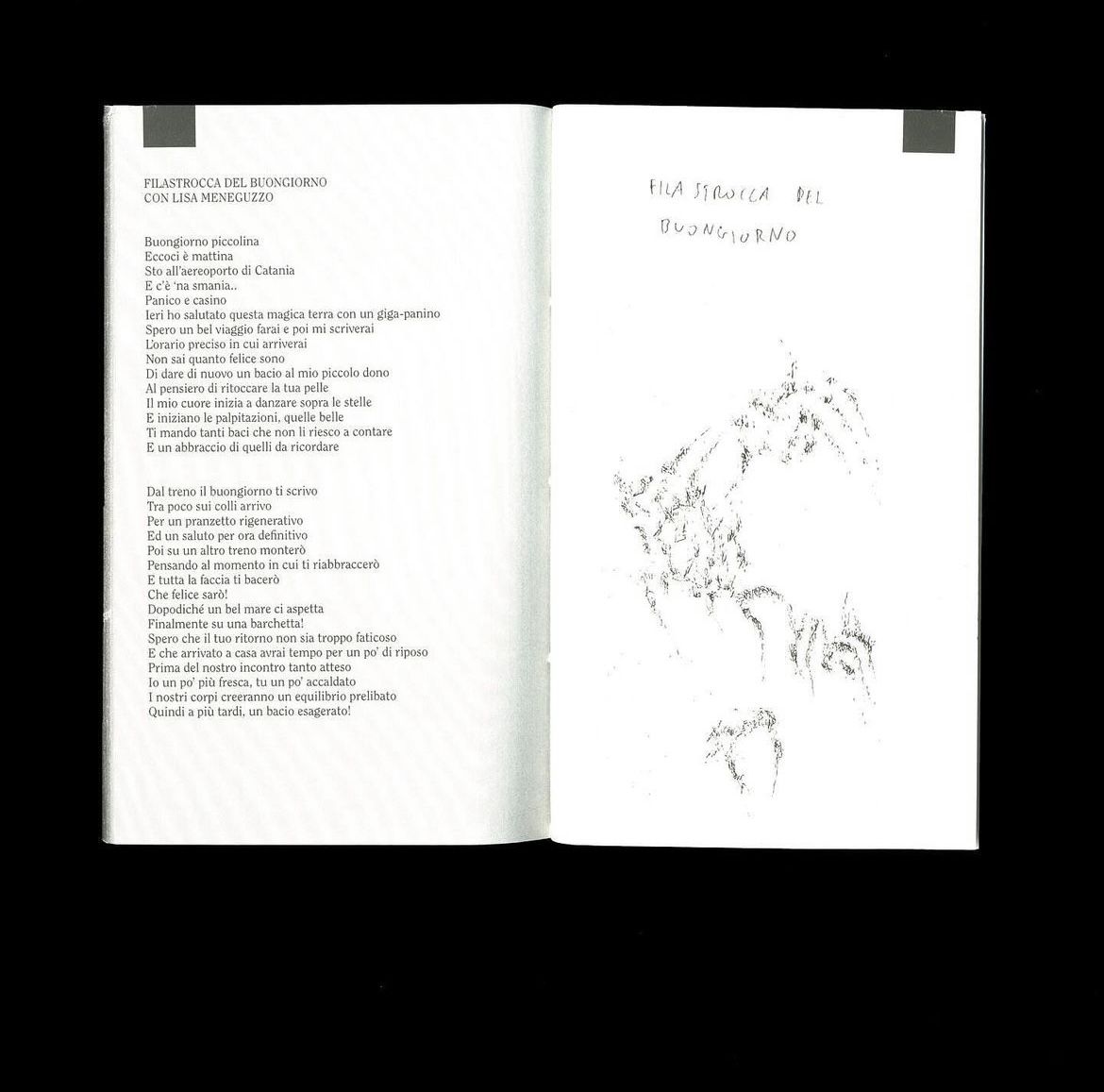 Spread with the poem Filastrocca del buongiorno and a pencil drawing