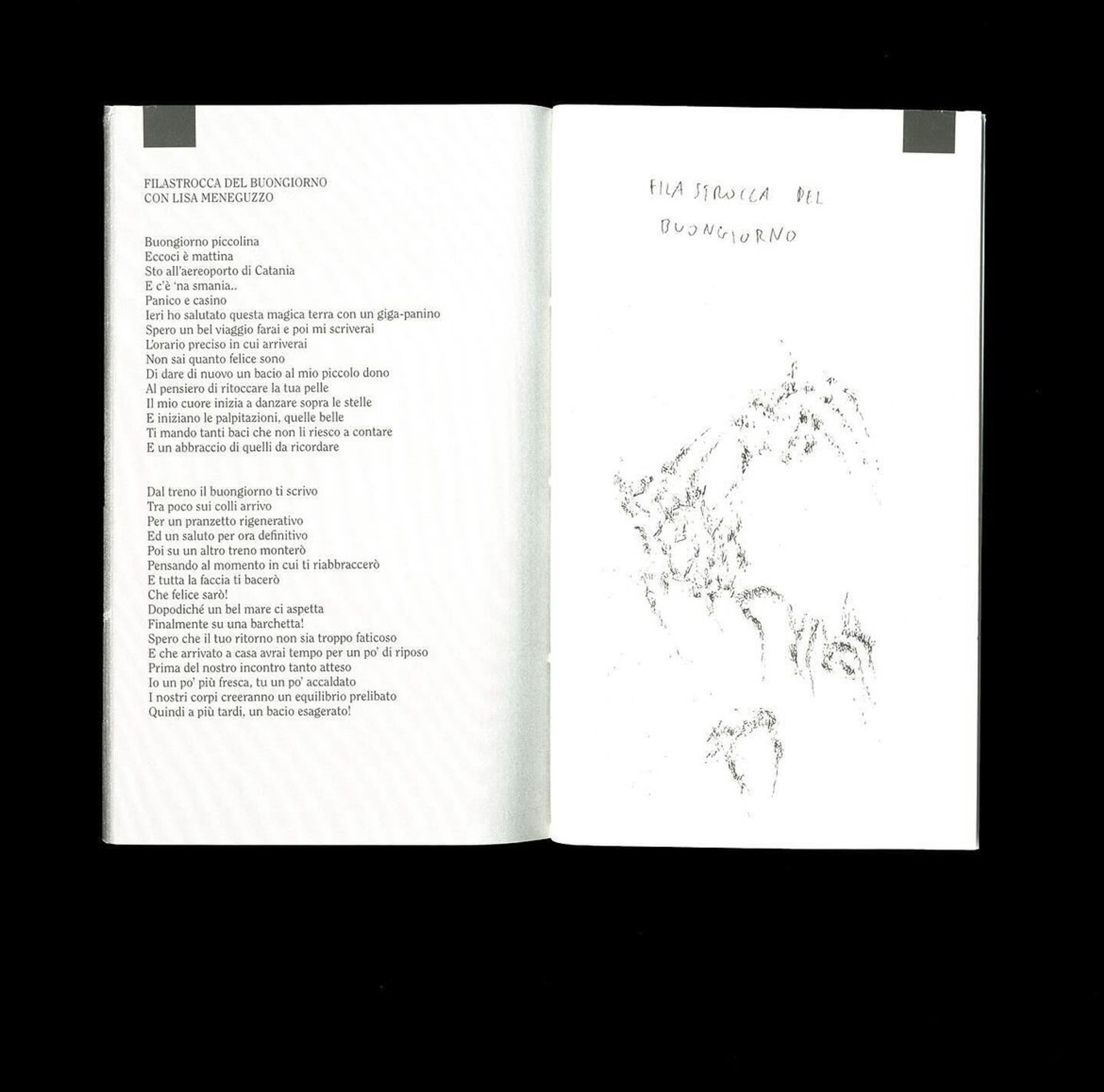 Spread with the poem Filastrocca del buongiorno and a pencil drawing