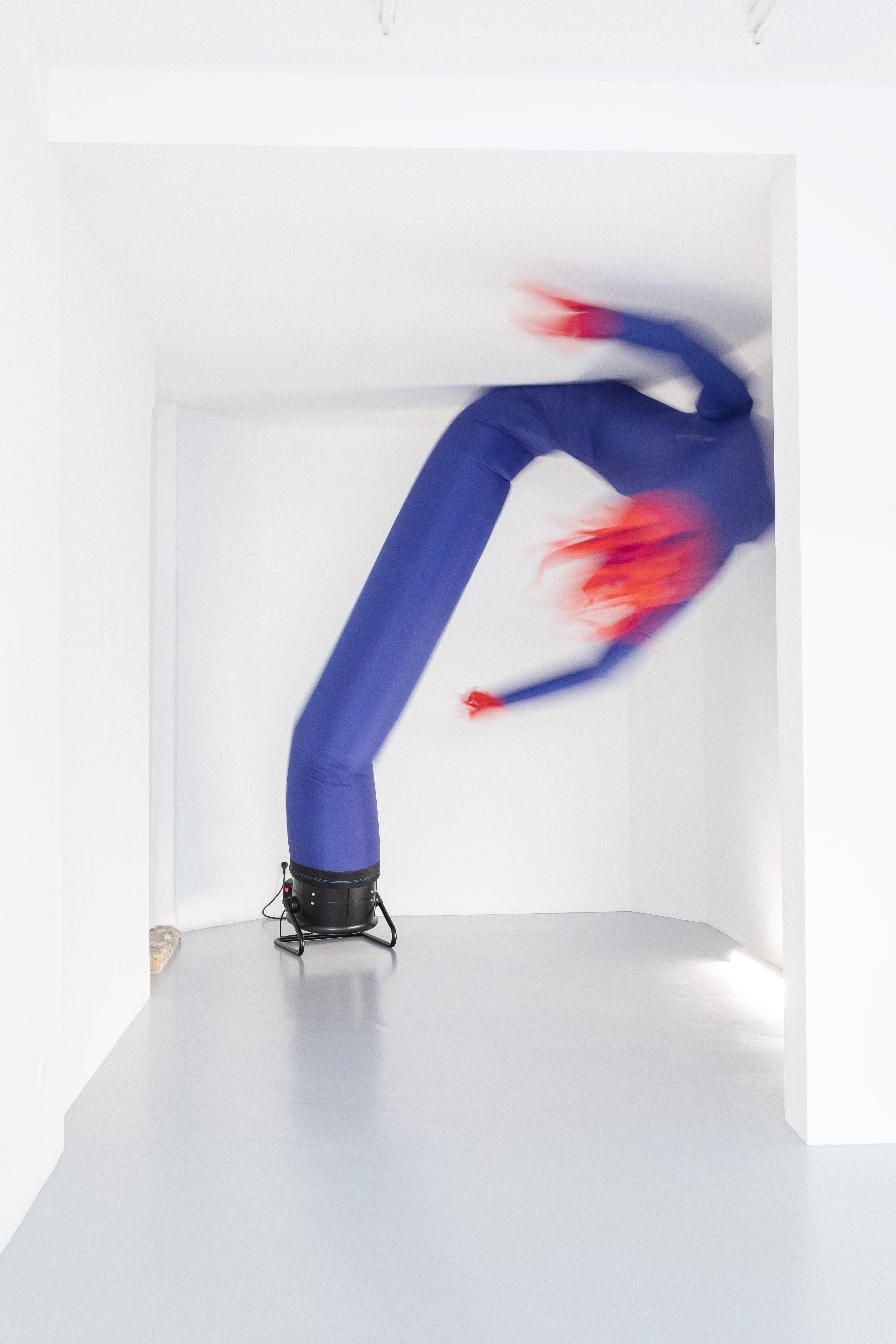 Blue skydancer bending sideways in a white room, motion blurred