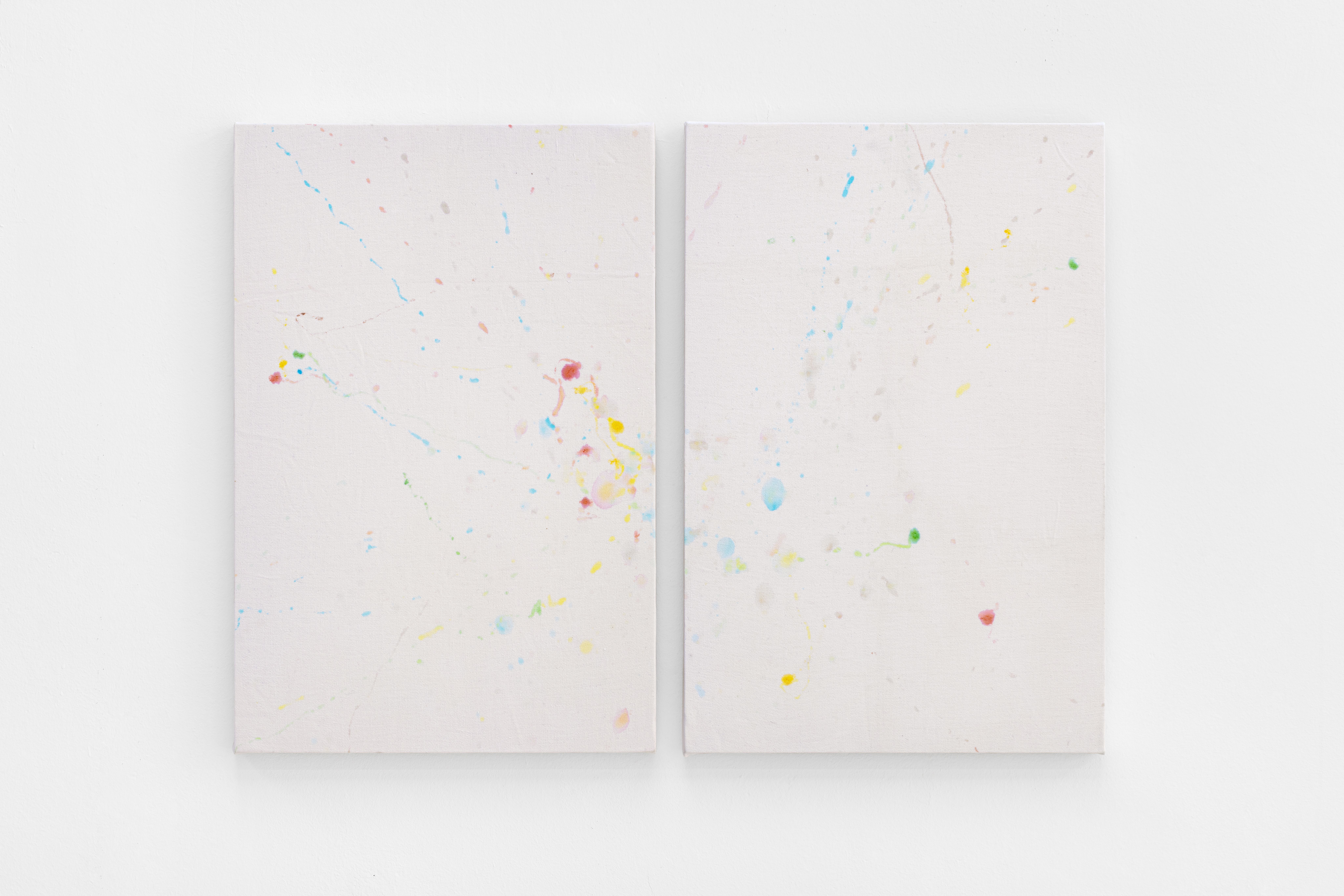 Diptych of white sheets with scattered coloured spots and stains