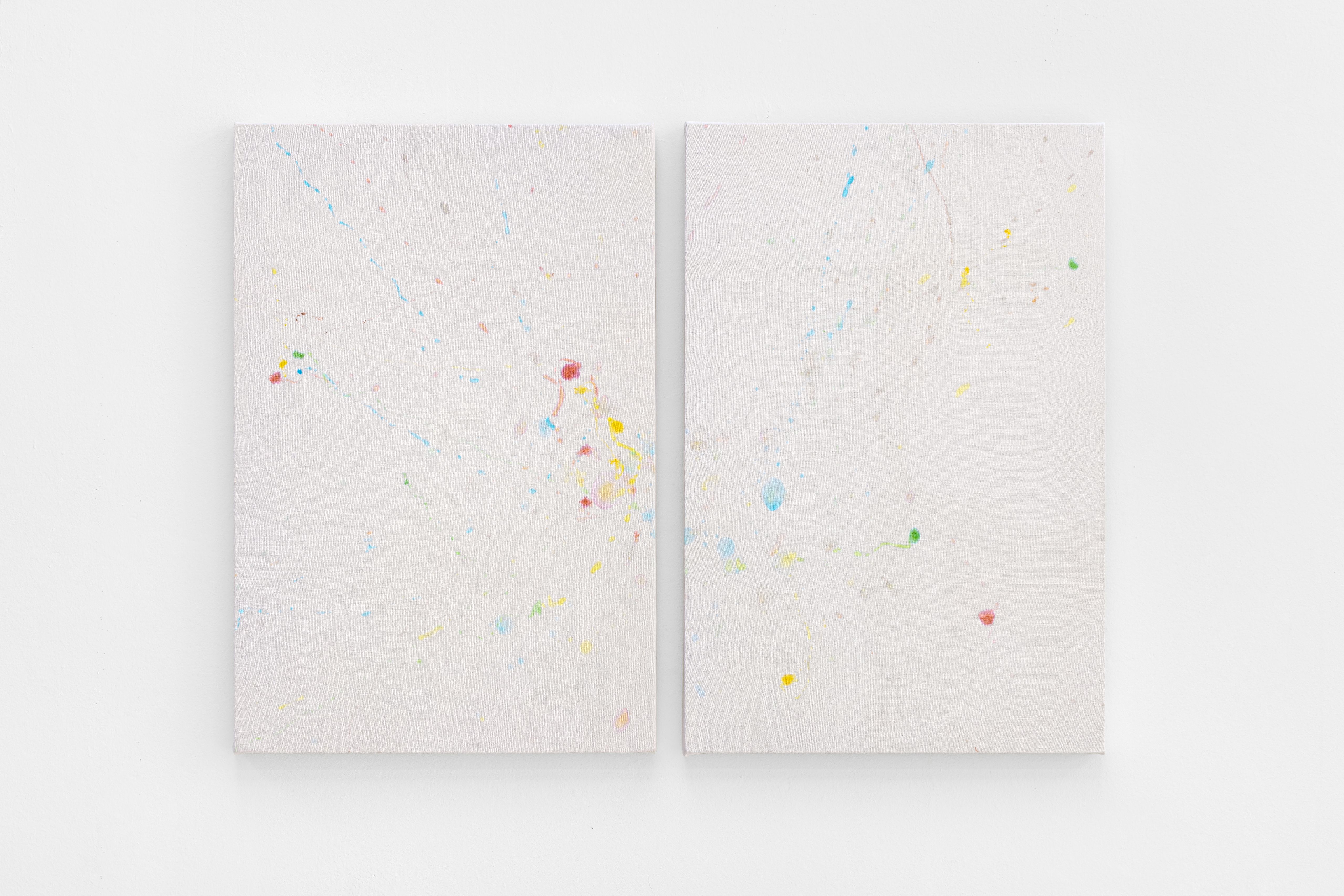 Diptych of white sheets with scattered coloured spots and stains