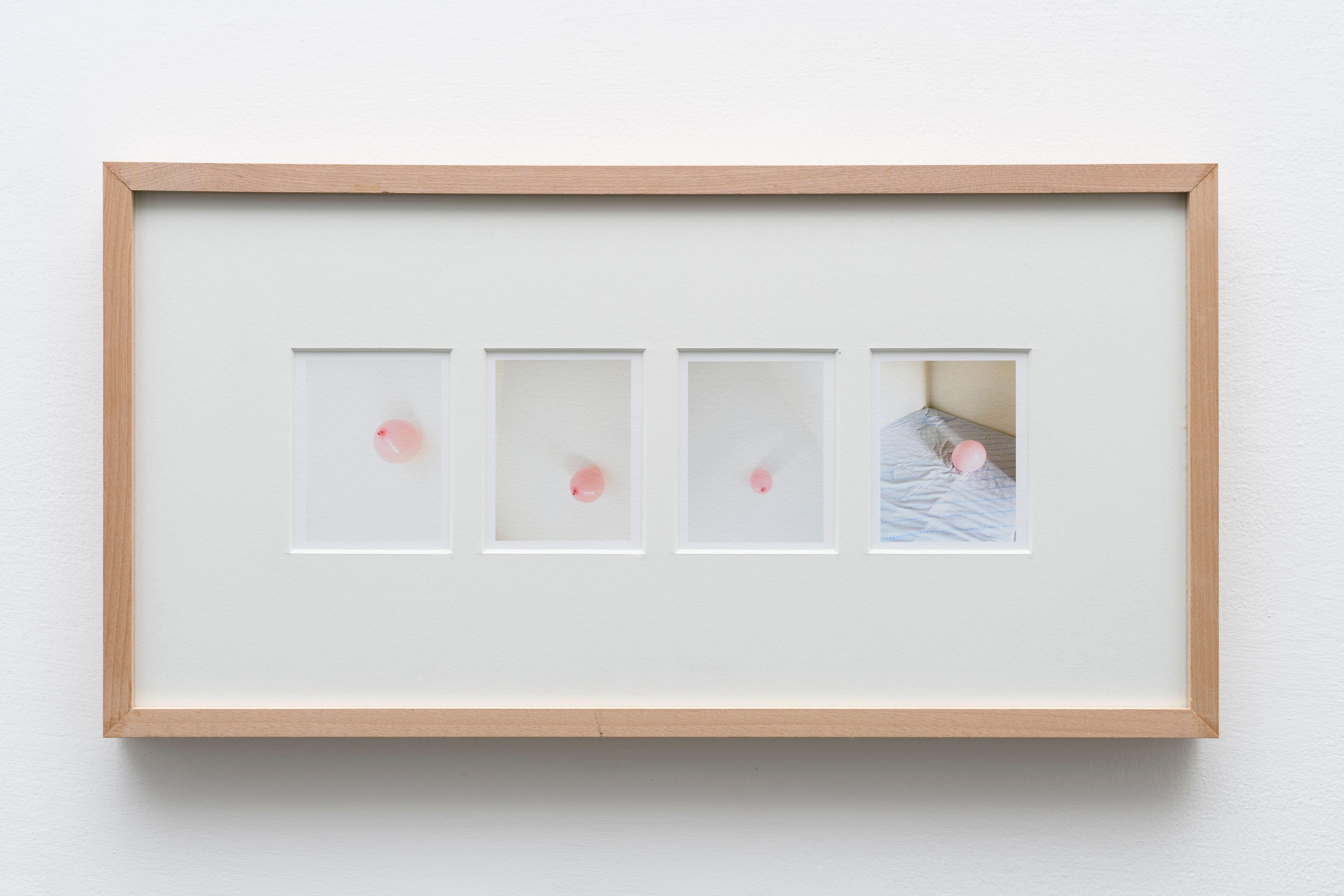 Framed sequence of four photos of a pink balloon, the last one fallen on a bed