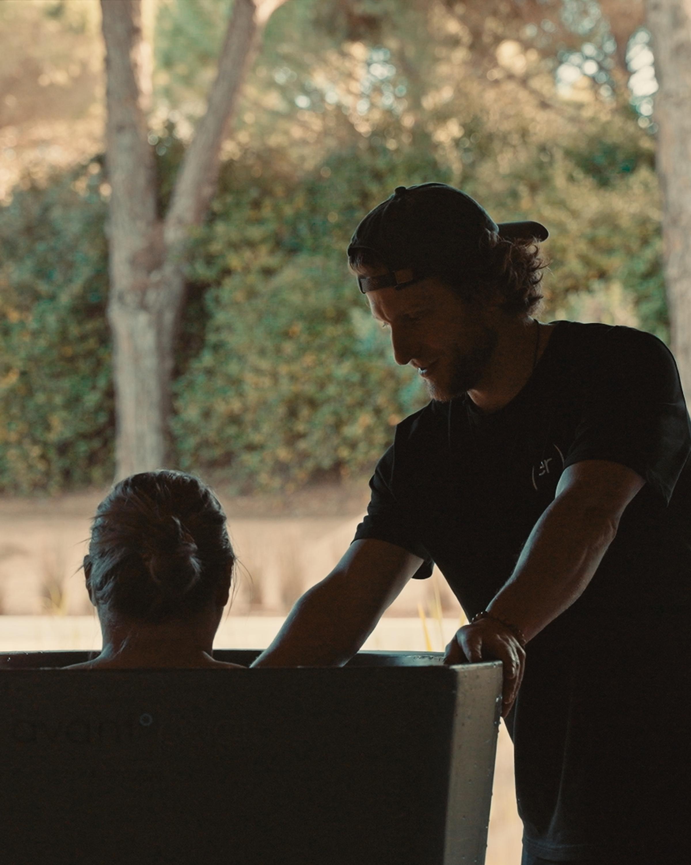 A participant during an ice bath workshop