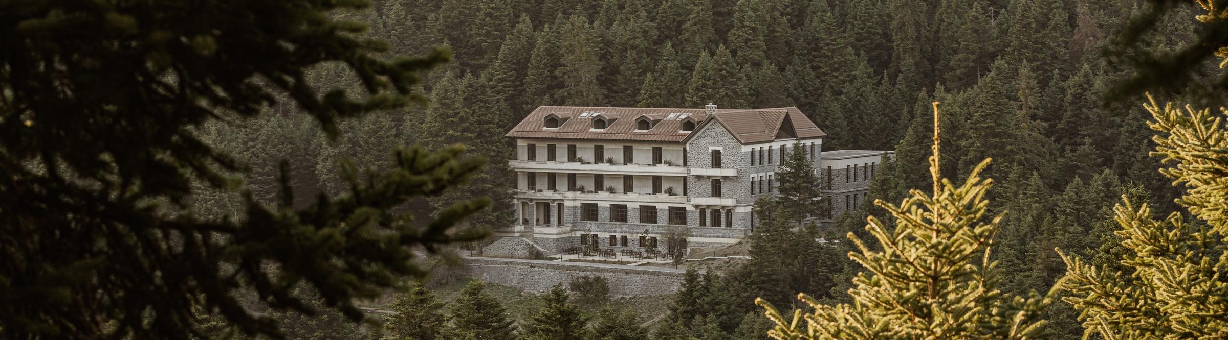 Exterior view of MANNA, an elegant mountain sanctuary hidden within the ancient fir trees, offering peace and connection with nature.