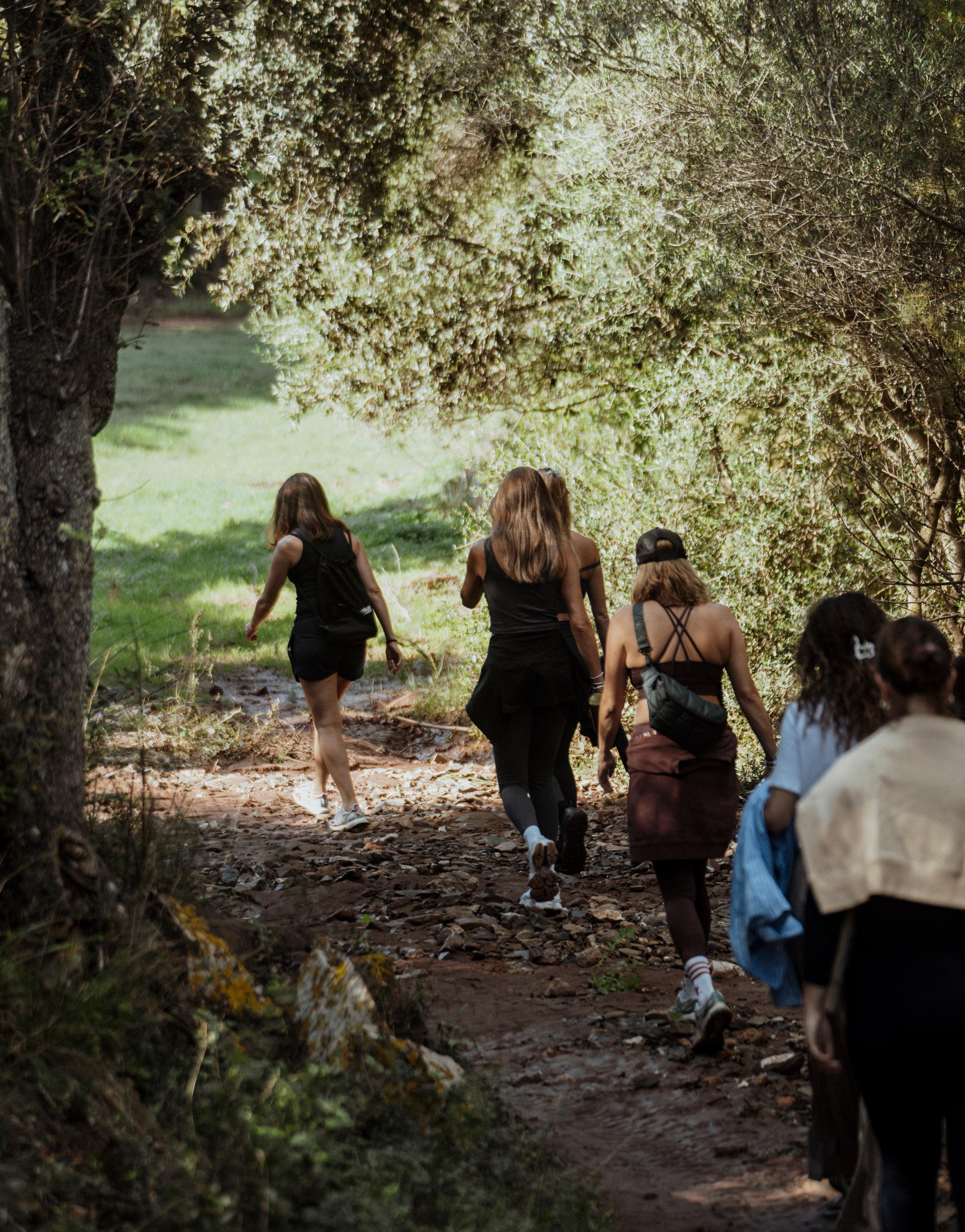 A group of people hiking through a scenic landscape, enjoying nature and the outdoors as they embark on a journey of exploration and teamwork.