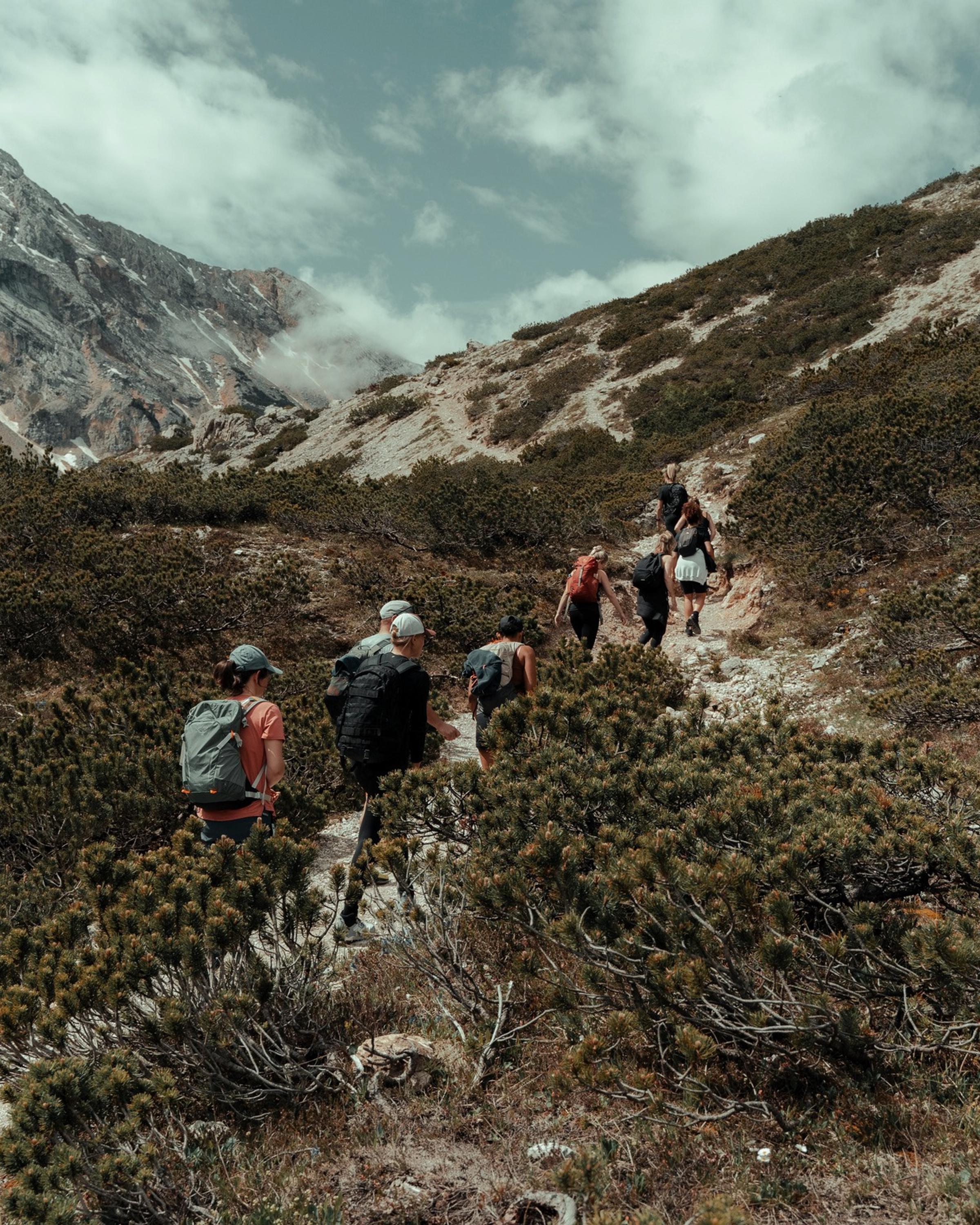 Group of leaders hiking in the mountains, embracing resilience, self-discovery, and transformational growth.