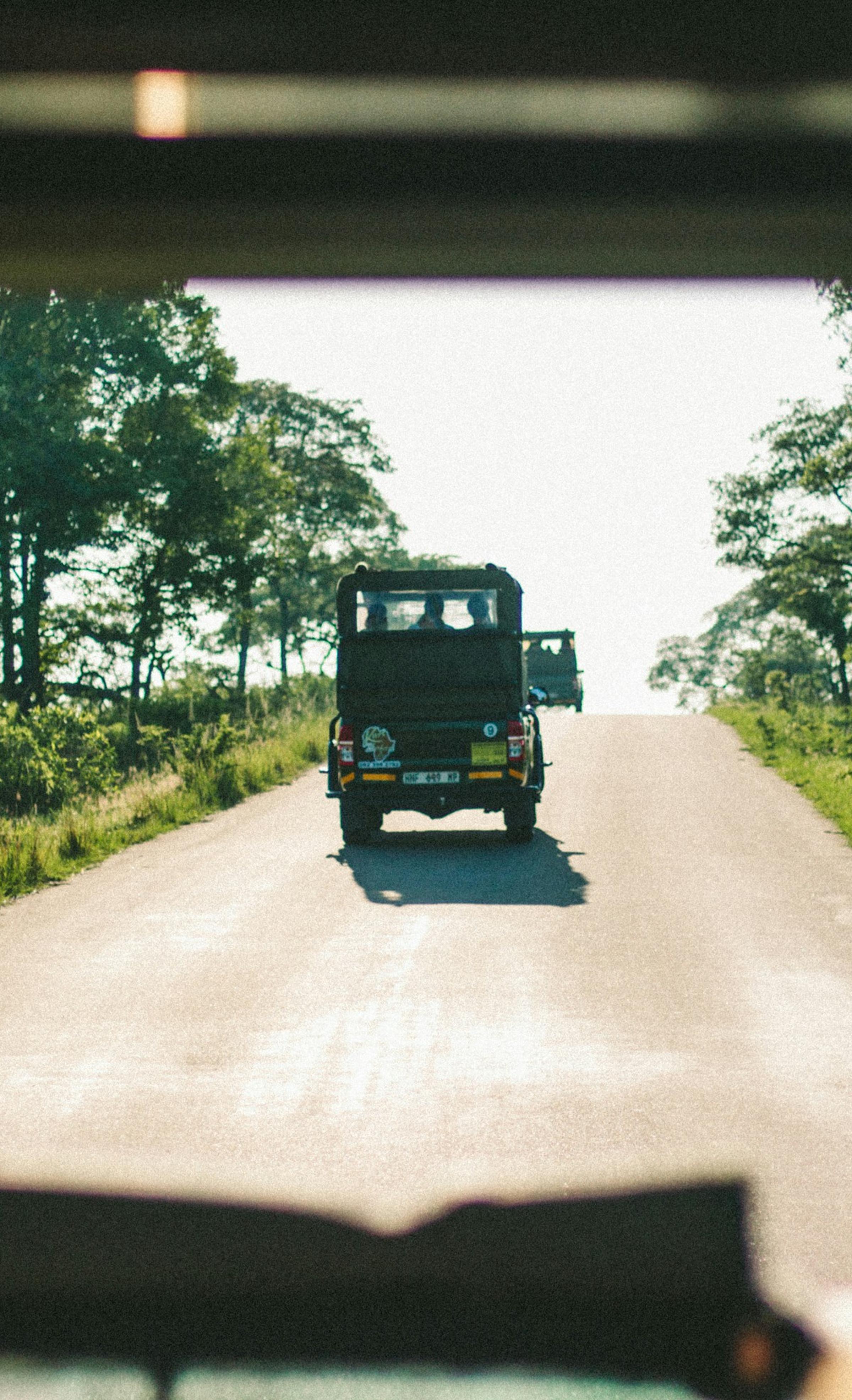 Two safari vehicles on a dirt road in the savanna, ready for adventure and wildlife exploration.