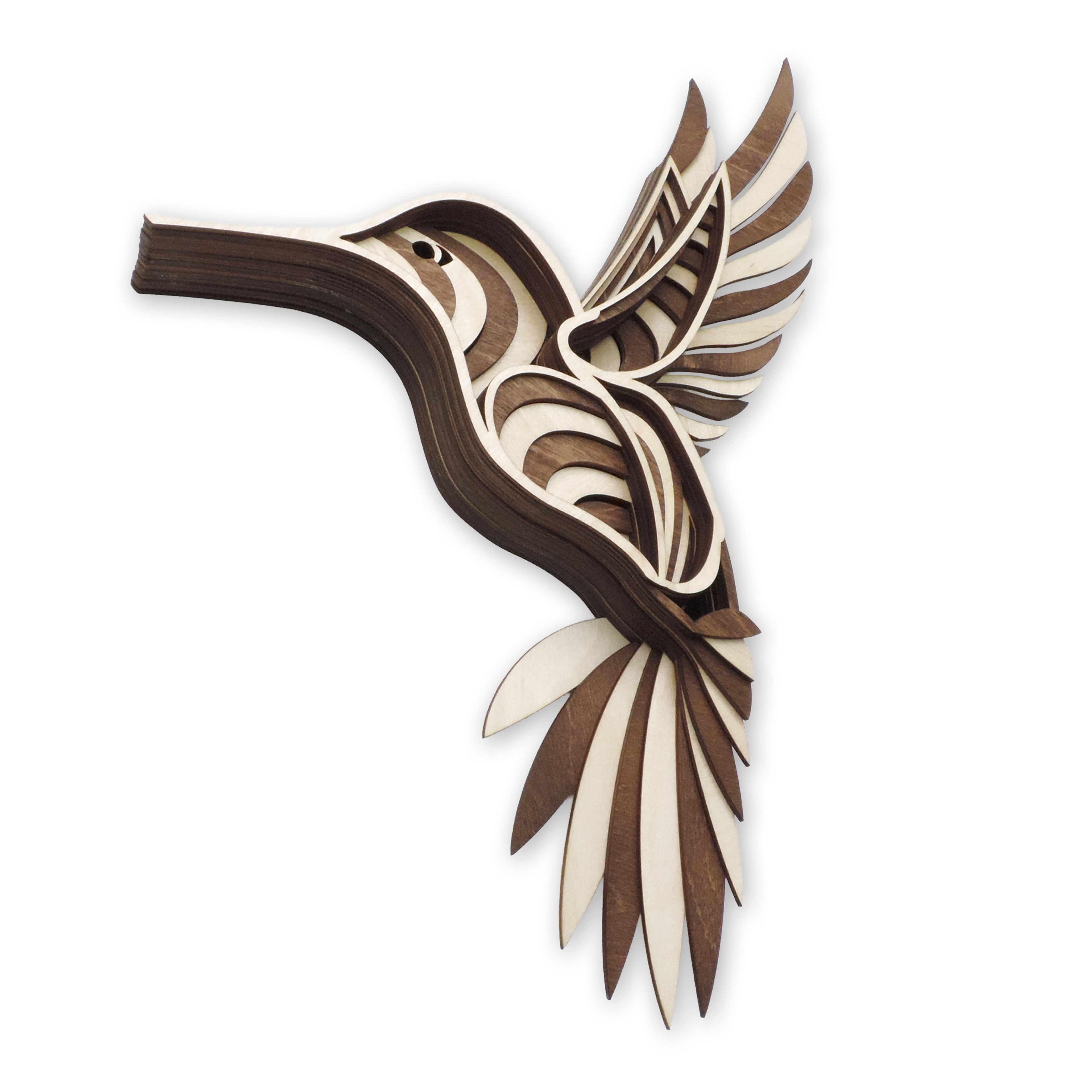 Multilayer 3D laser-cut hummingbird wall art, Baltic Birch Plywood — right-facing, small (6.5 × 9.5 in)