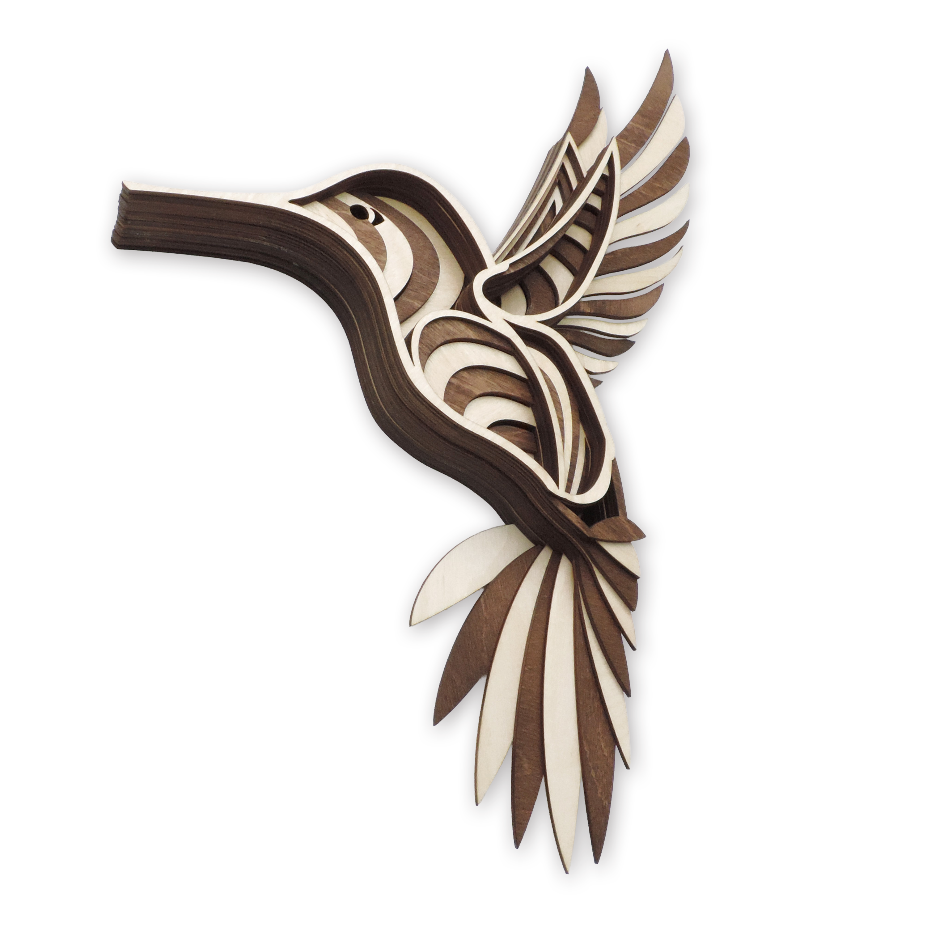 Multilayer 3D laser-cut hummingbird wall art, Baltic Birch Plywood — right-facing, small (6.5 × 9.5 in)