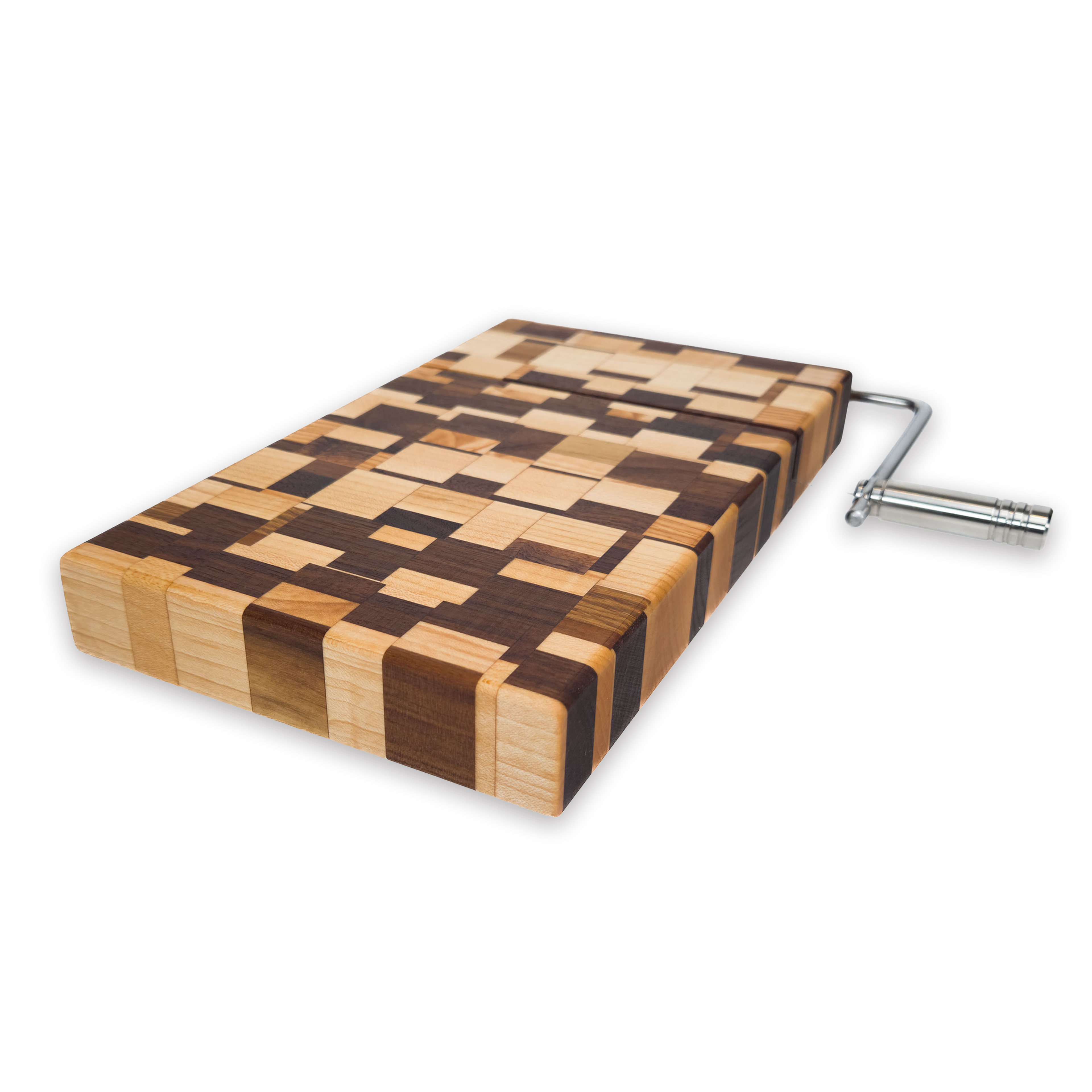 Edge grain maple & walnut cheese slicer board with wire cutter, oiled hardwood