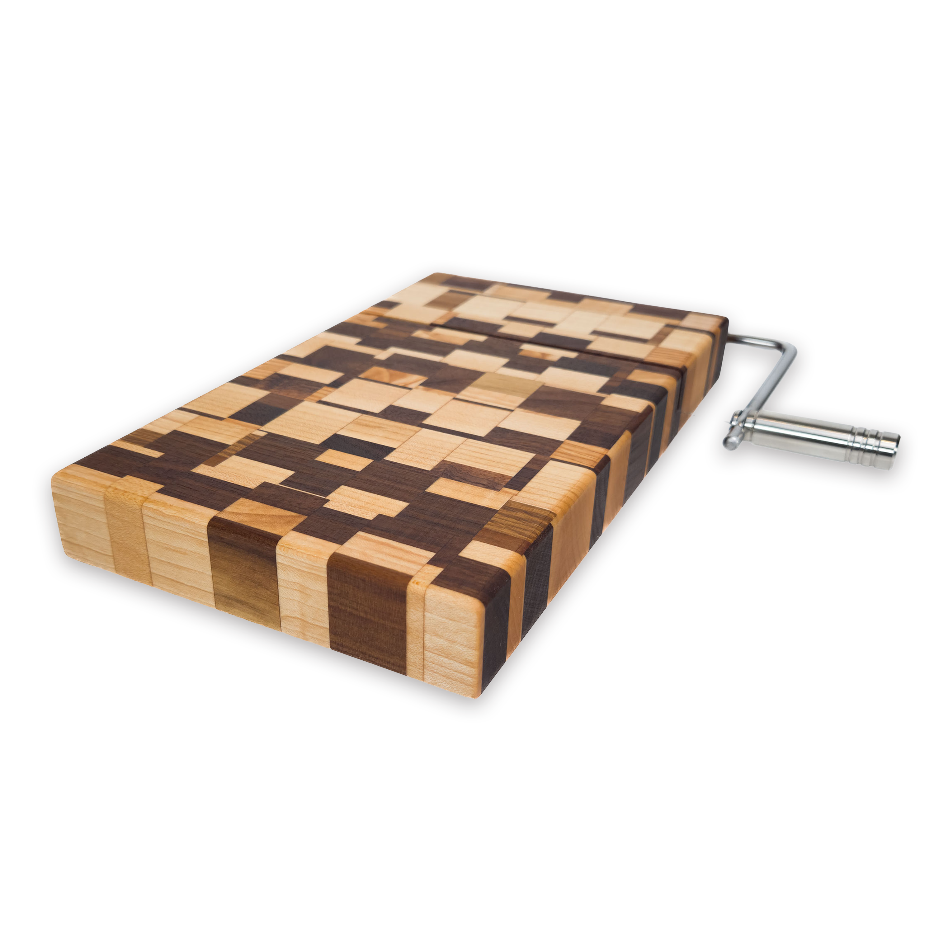 Edge grain maple & walnut cheese slicer board with wire cutter, oiled hardwood