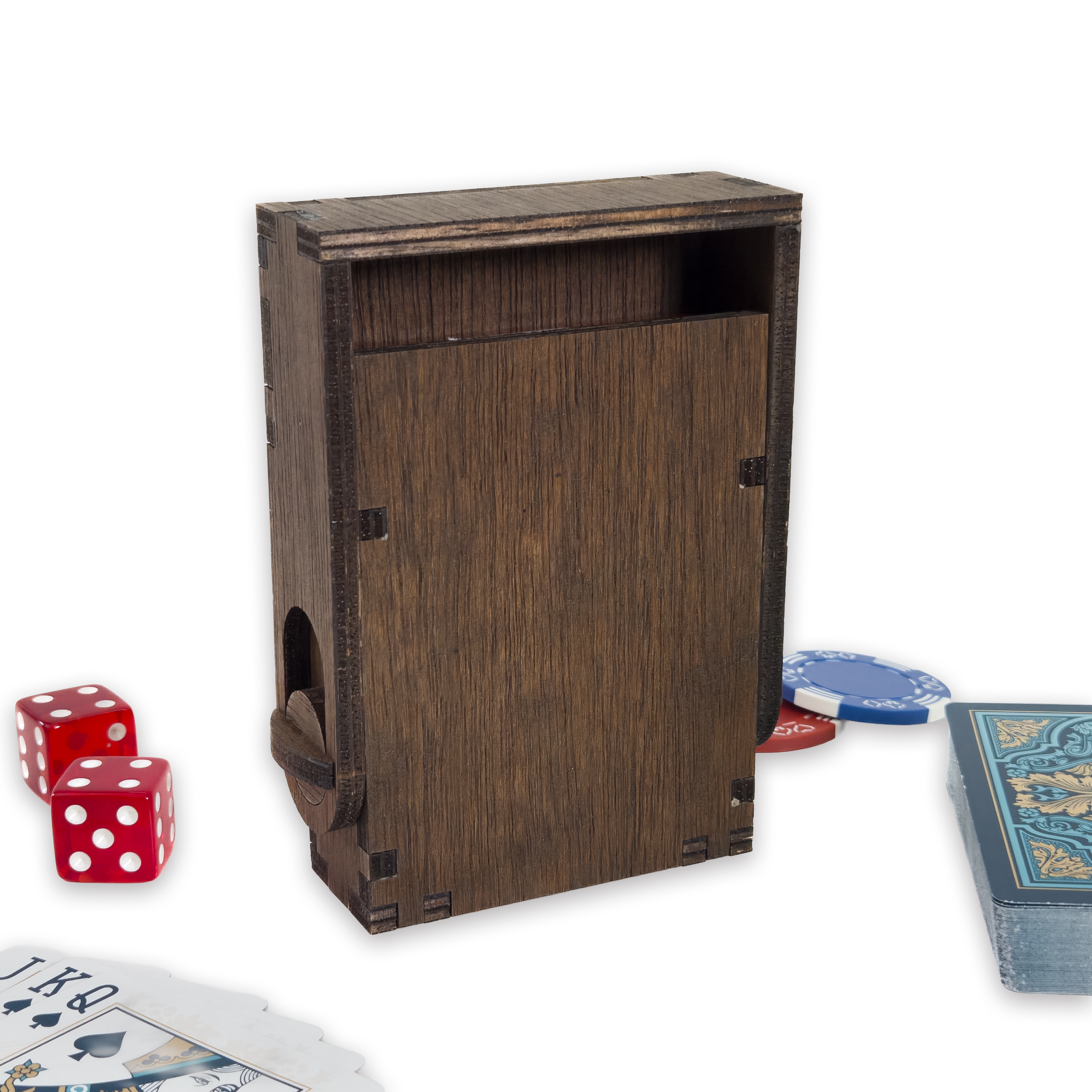 Laser-cut playing card box, dark-walnut-stained birch plywood