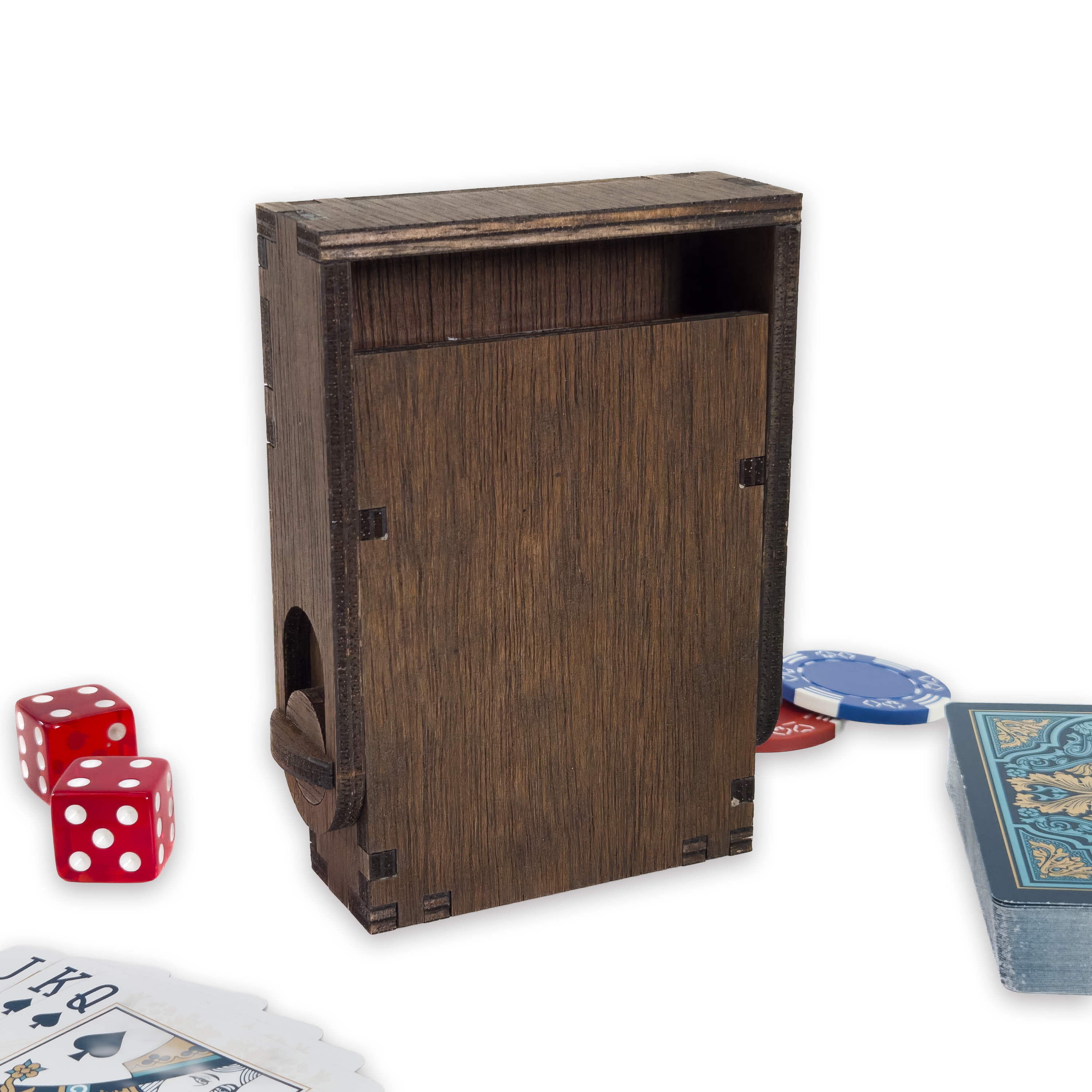 Laser-cut playing card box, dark-walnut-stained birch plywood