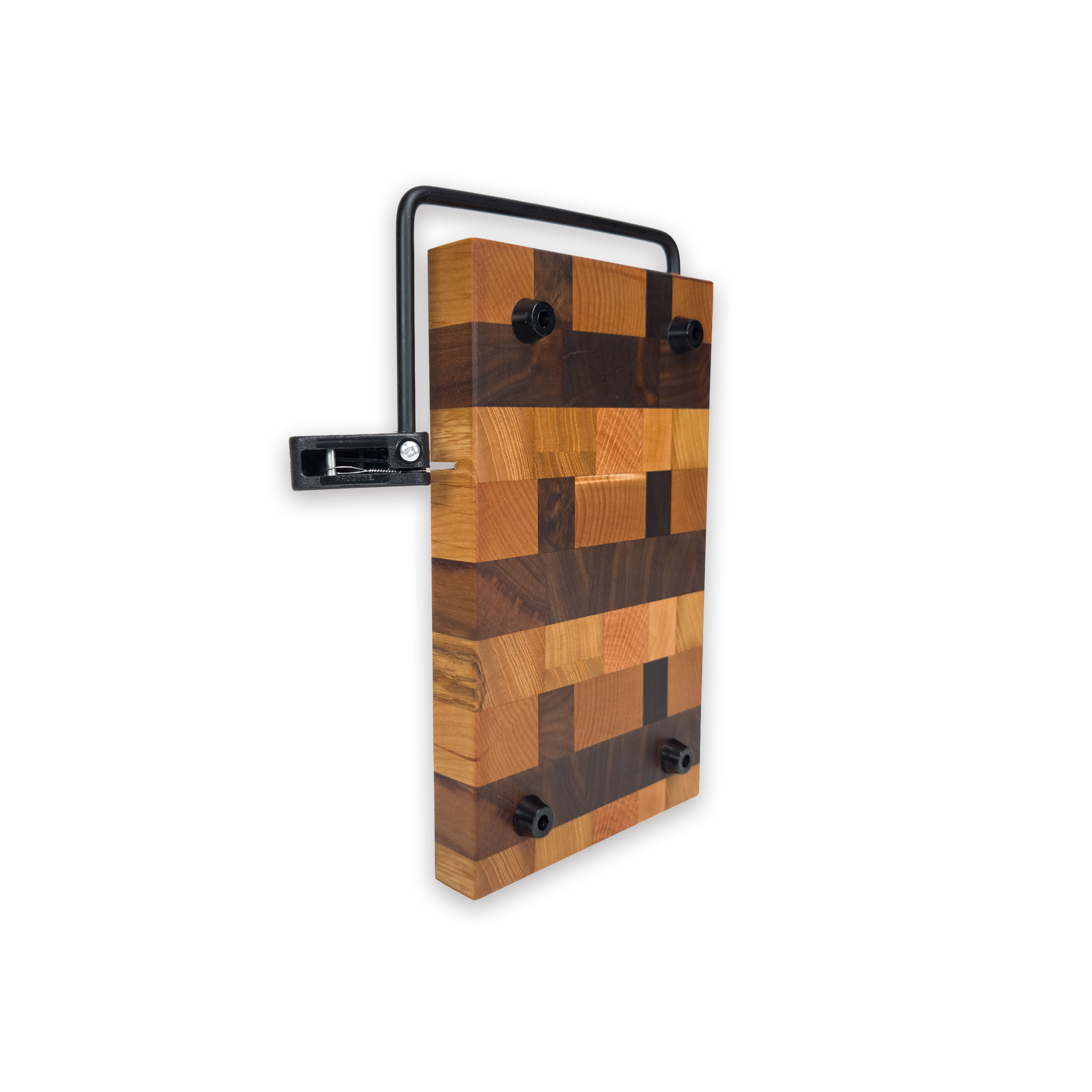 End grain oak, cherry & walnut cheese slicer board with wire cutter, oiled hardwood