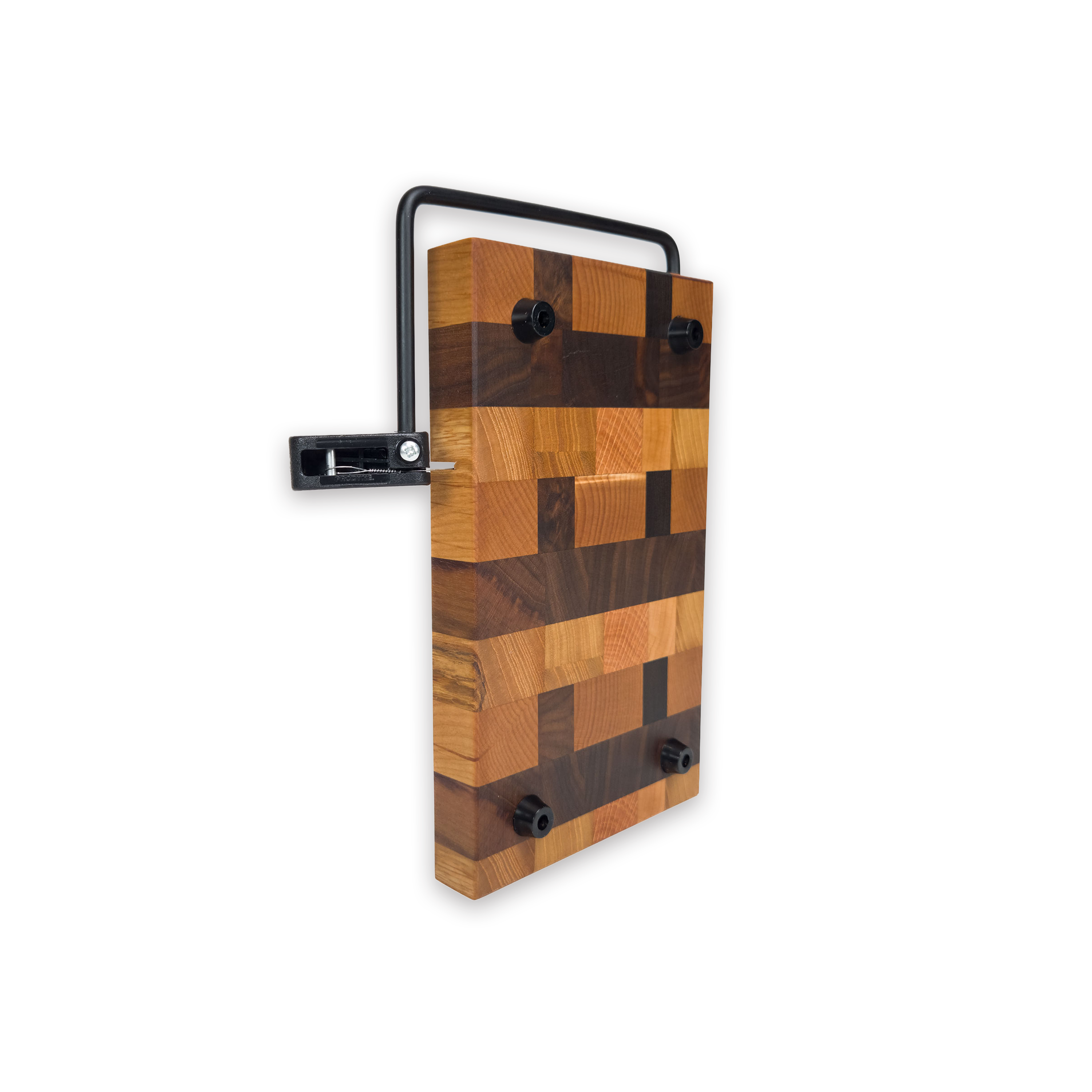 End grain oak, cherry & walnut cheese slicer board with wire cutter, oiled hardwood