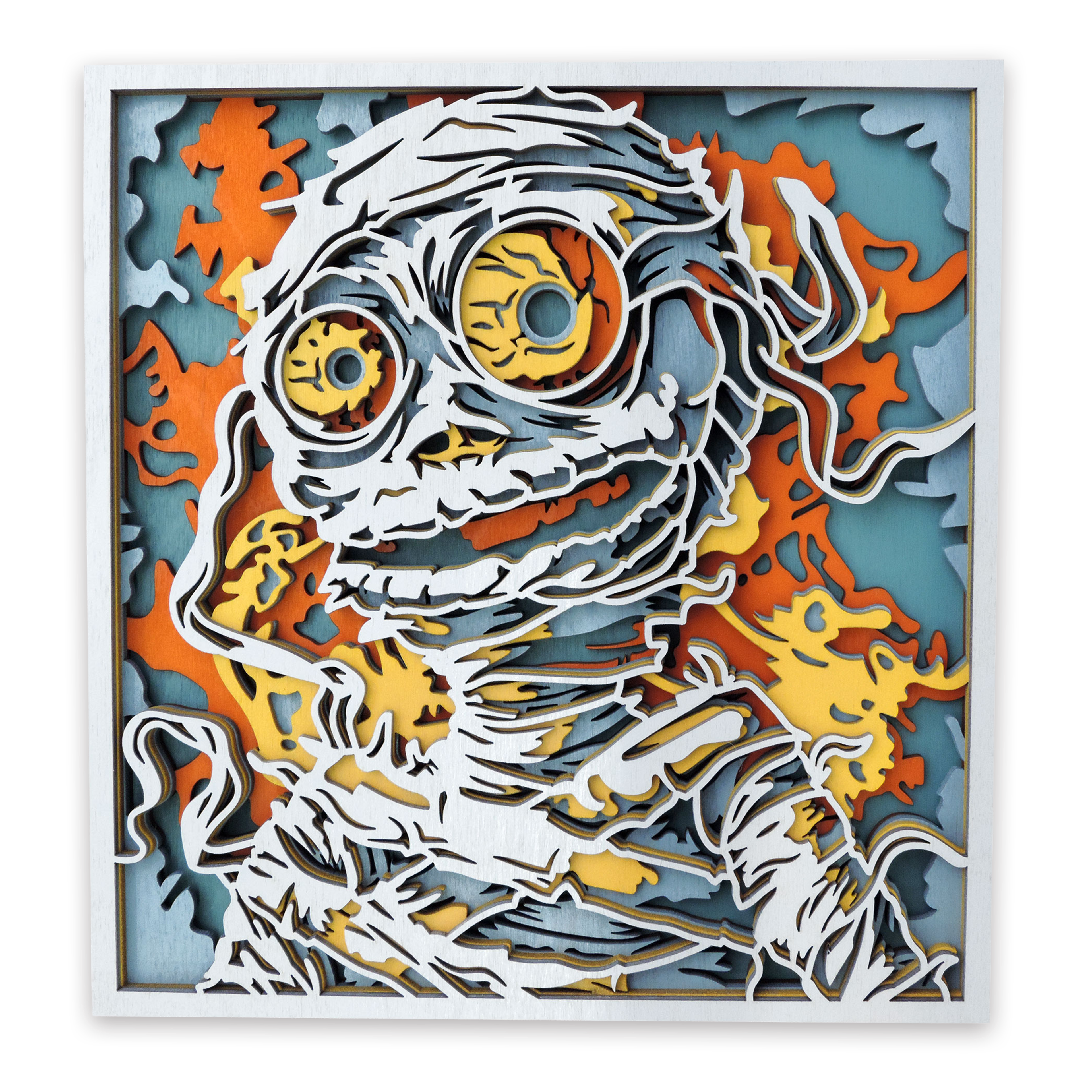Multilayer 3D laser-cut mummy wall art, Baltic Birch Plywood
