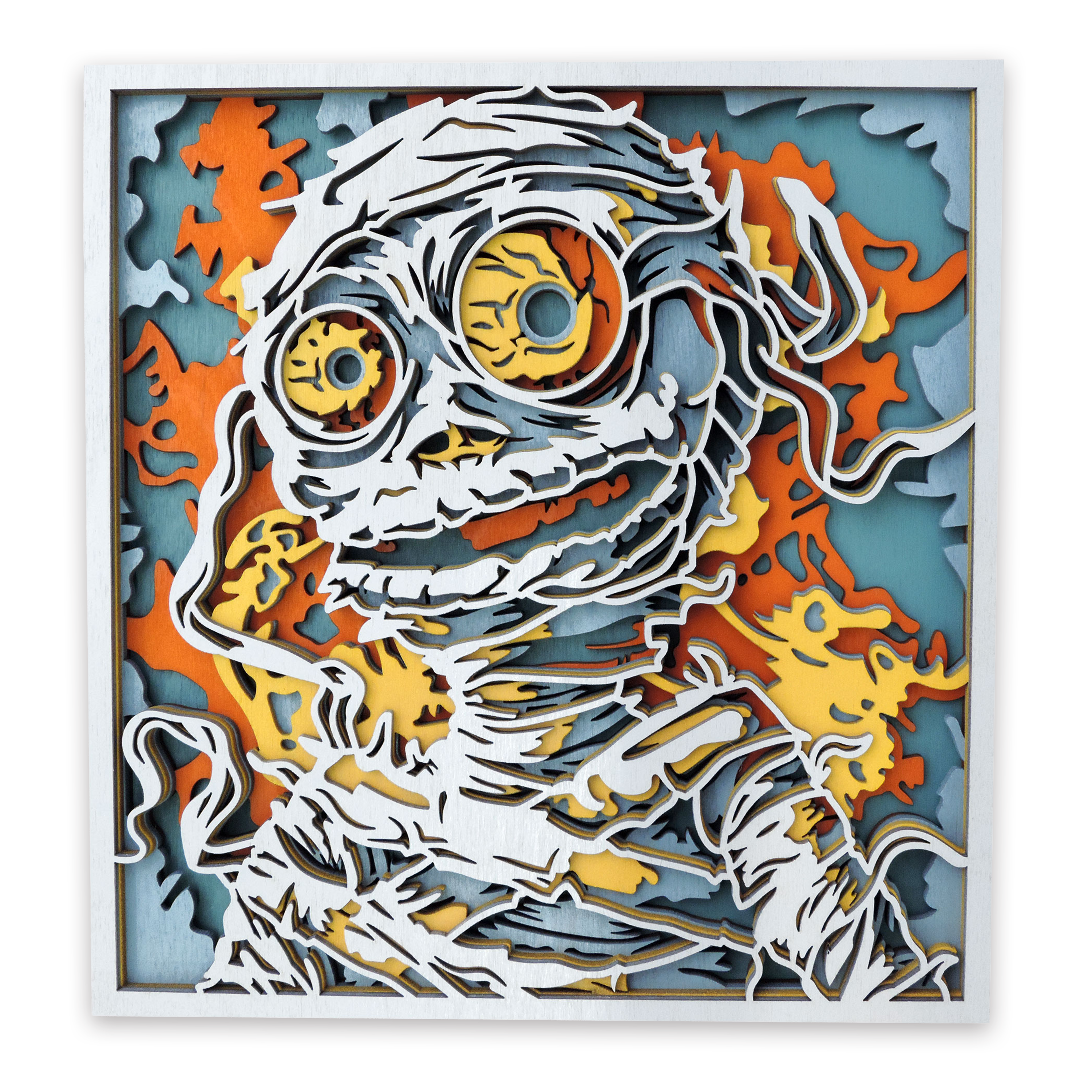 Multilayer 3D laser-cut mummy wall art, Baltic Birch Plywood