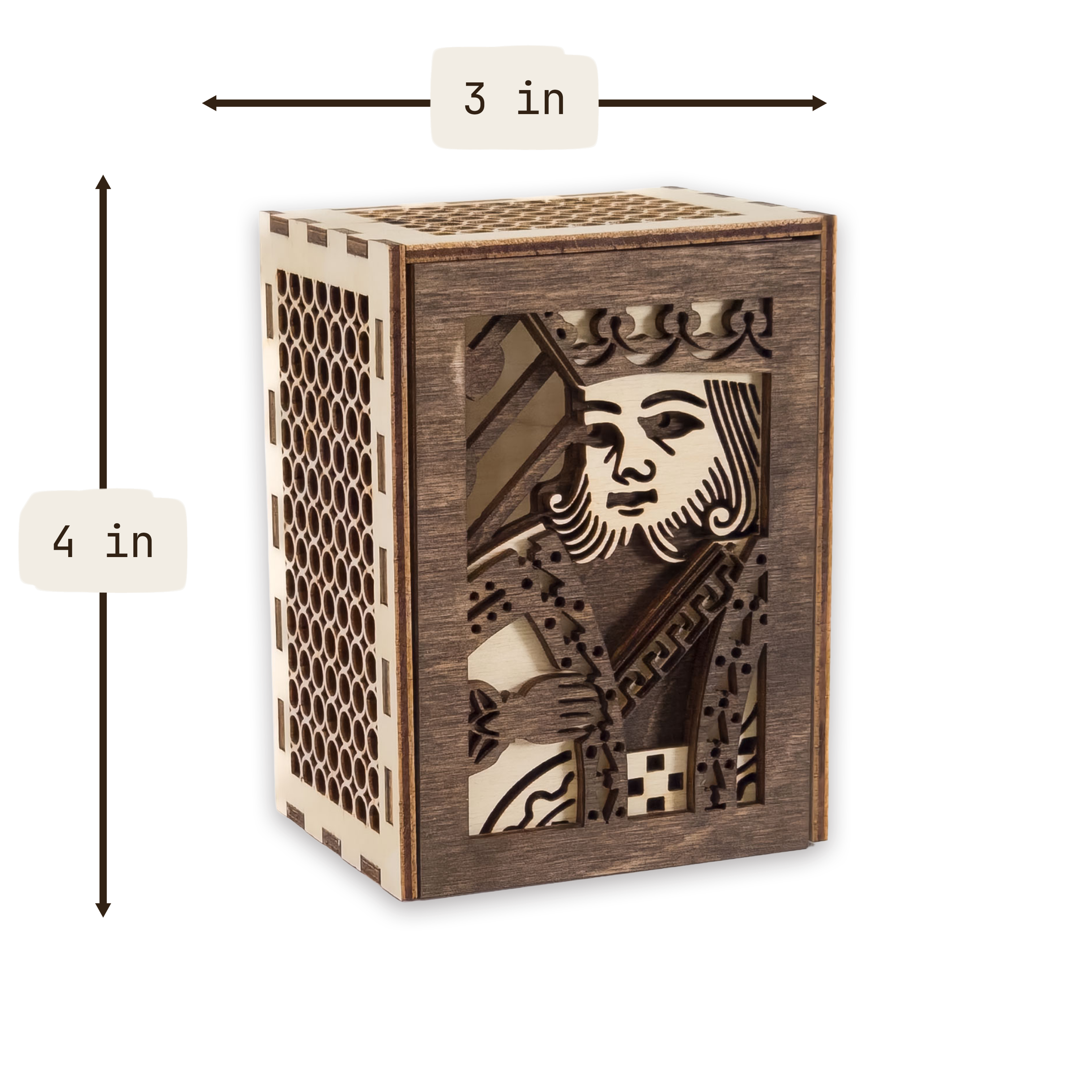 Laser-cut king of hearts poker card box, walnut & maple birch plywood