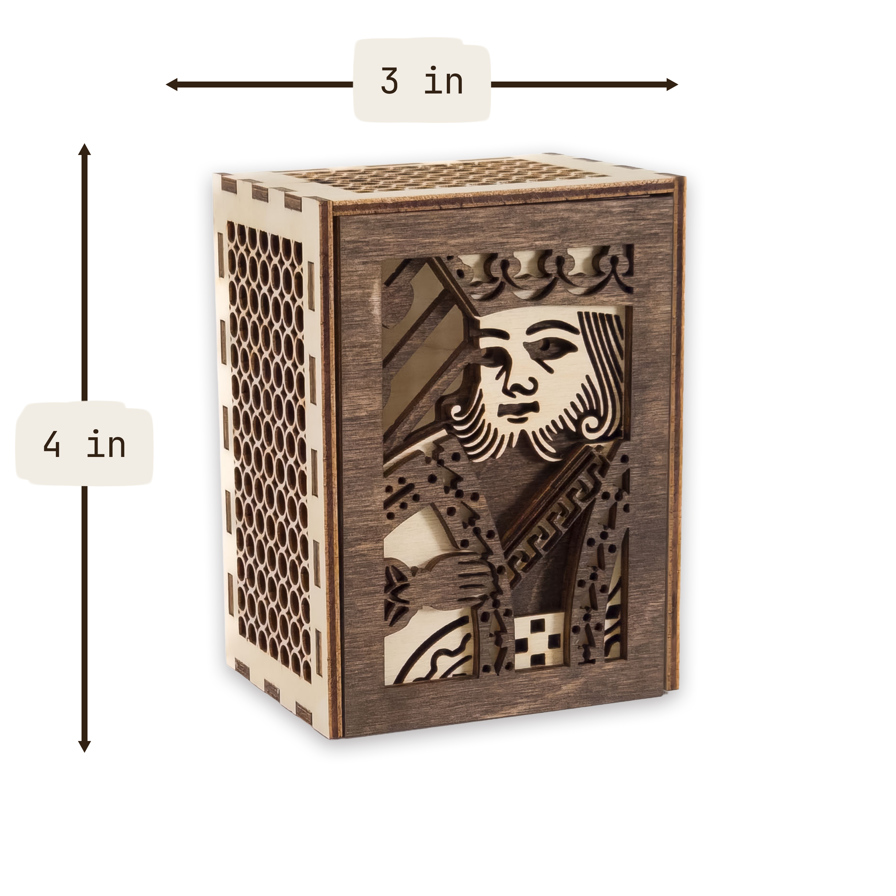Laser-cut king of hearts poker card box, walnut & maple birch plywood