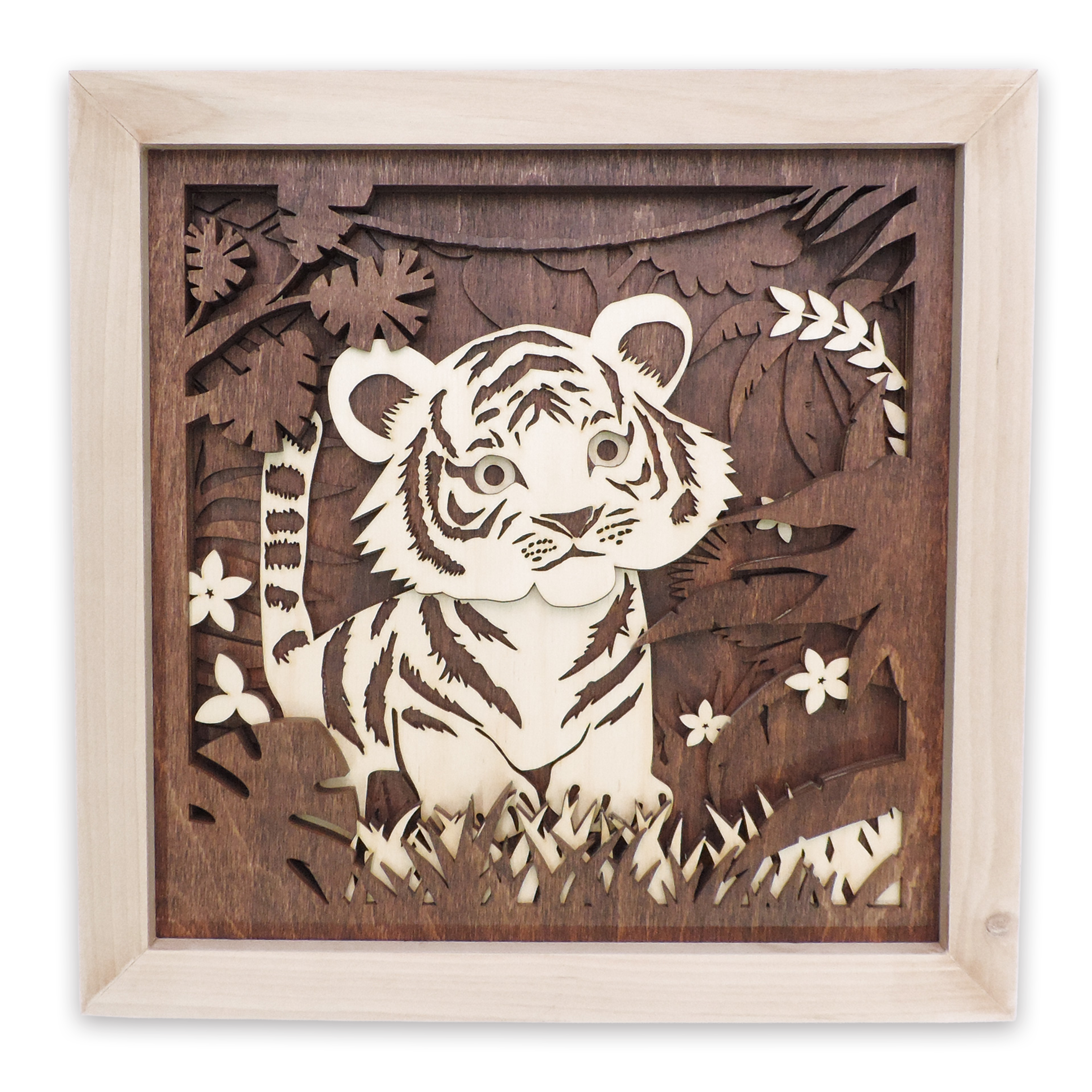 Multilayer 3D laser-cut baby tiger wall art, Baltic Birch Plywood