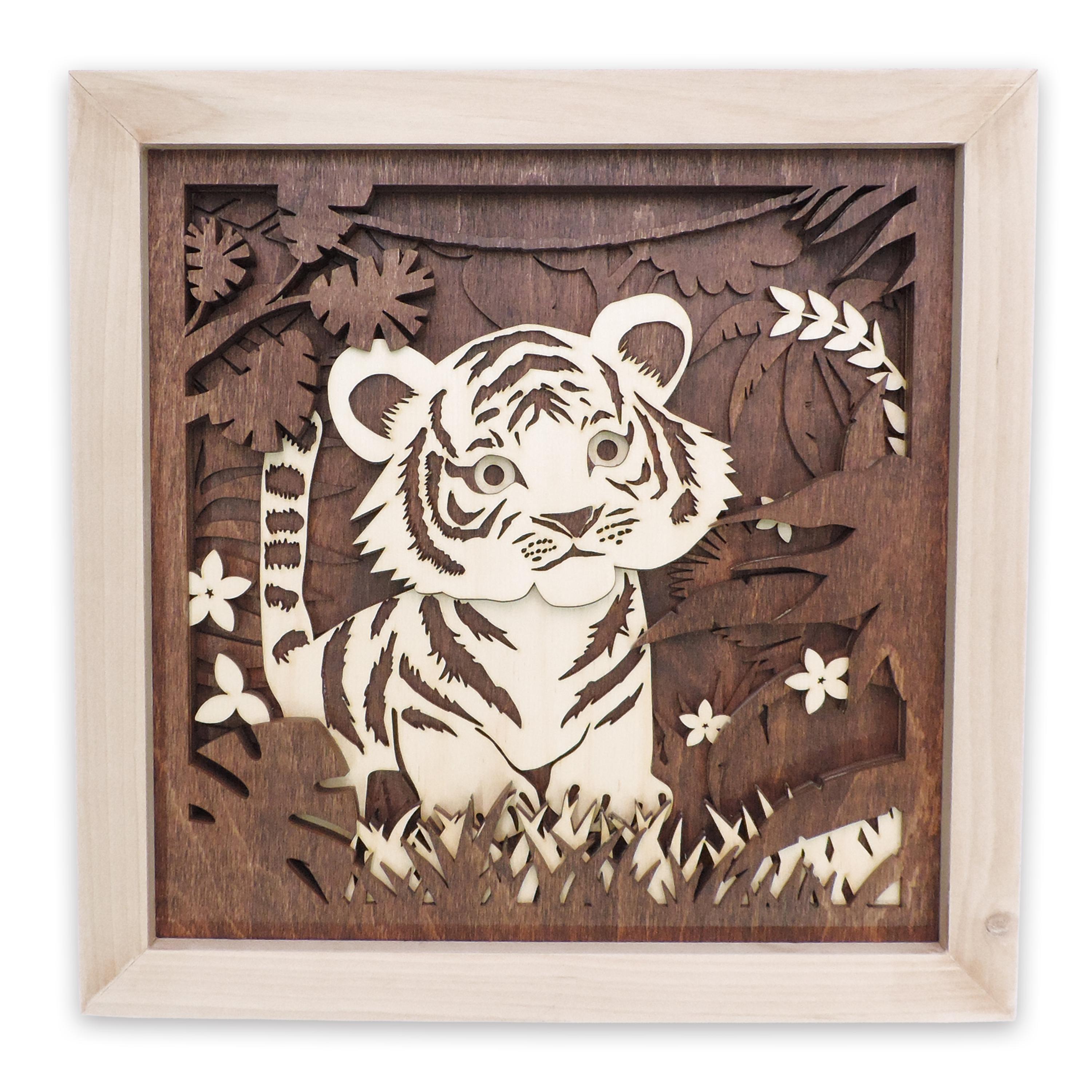Multilayer 3D laser-cut baby tiger wall art, Baltic Birch Plywood