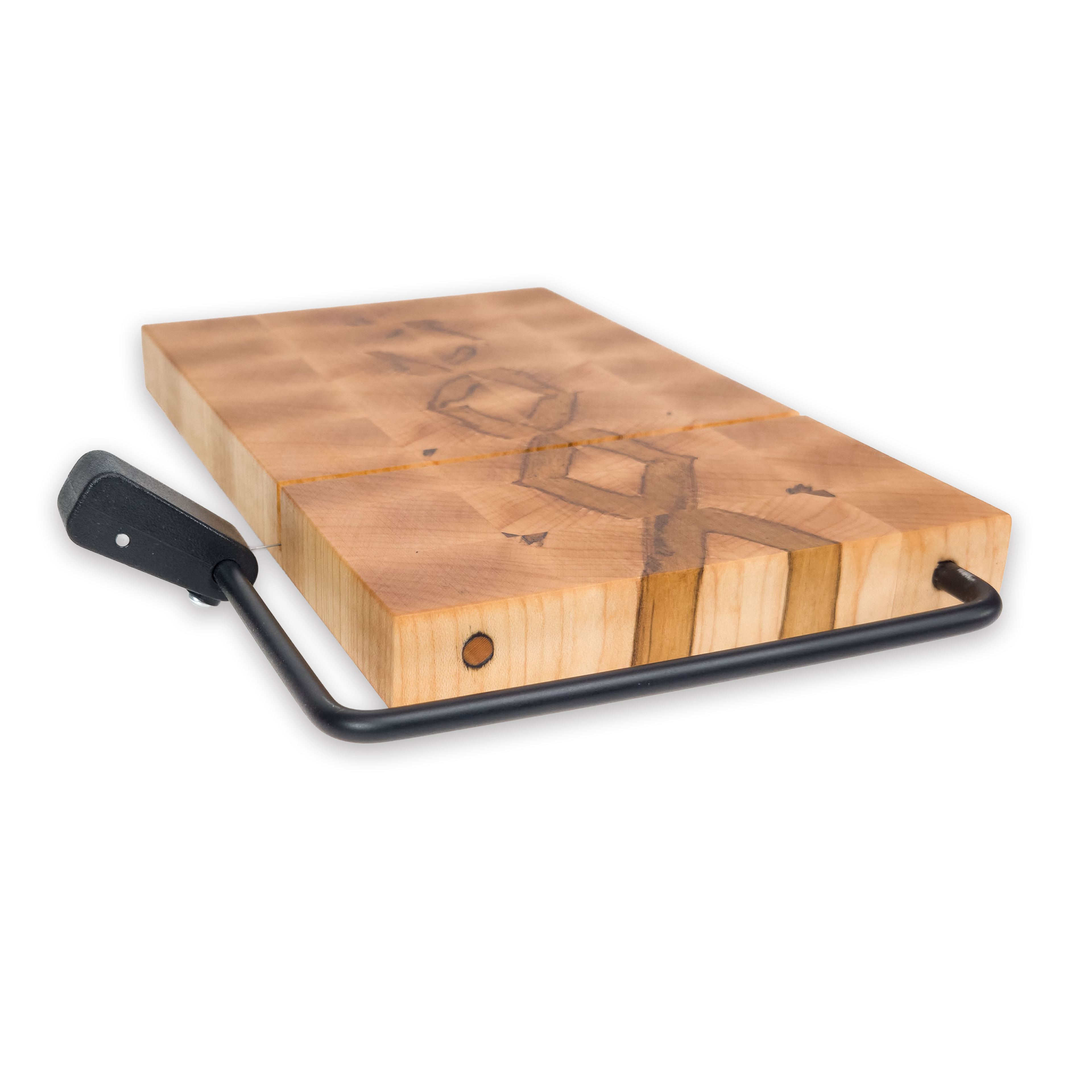 End grain spalted maple cheese slicer board with wire cutter, oiled hardwood