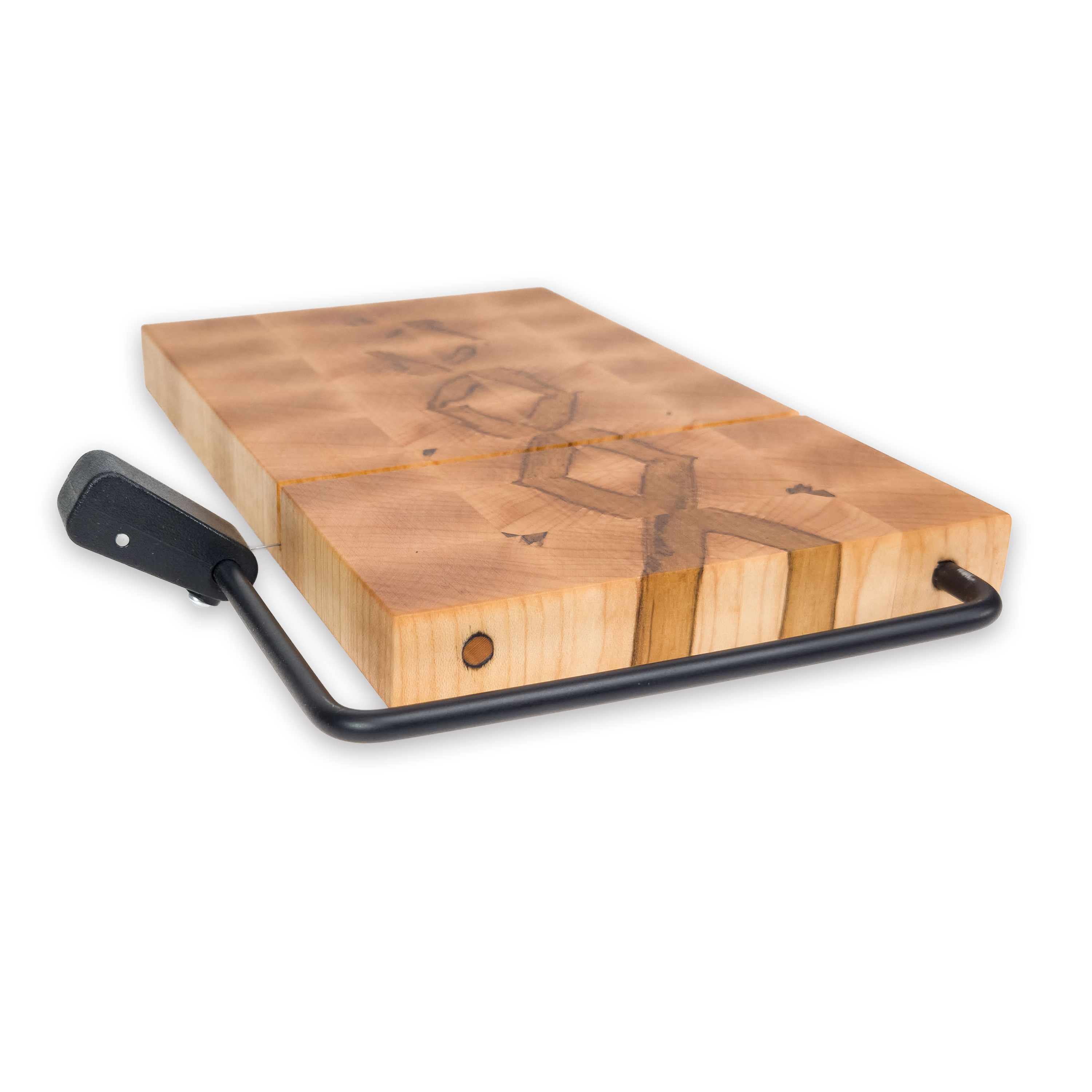 End grain spalted maple cheese slicer board with wire cutter, oiled hardwood