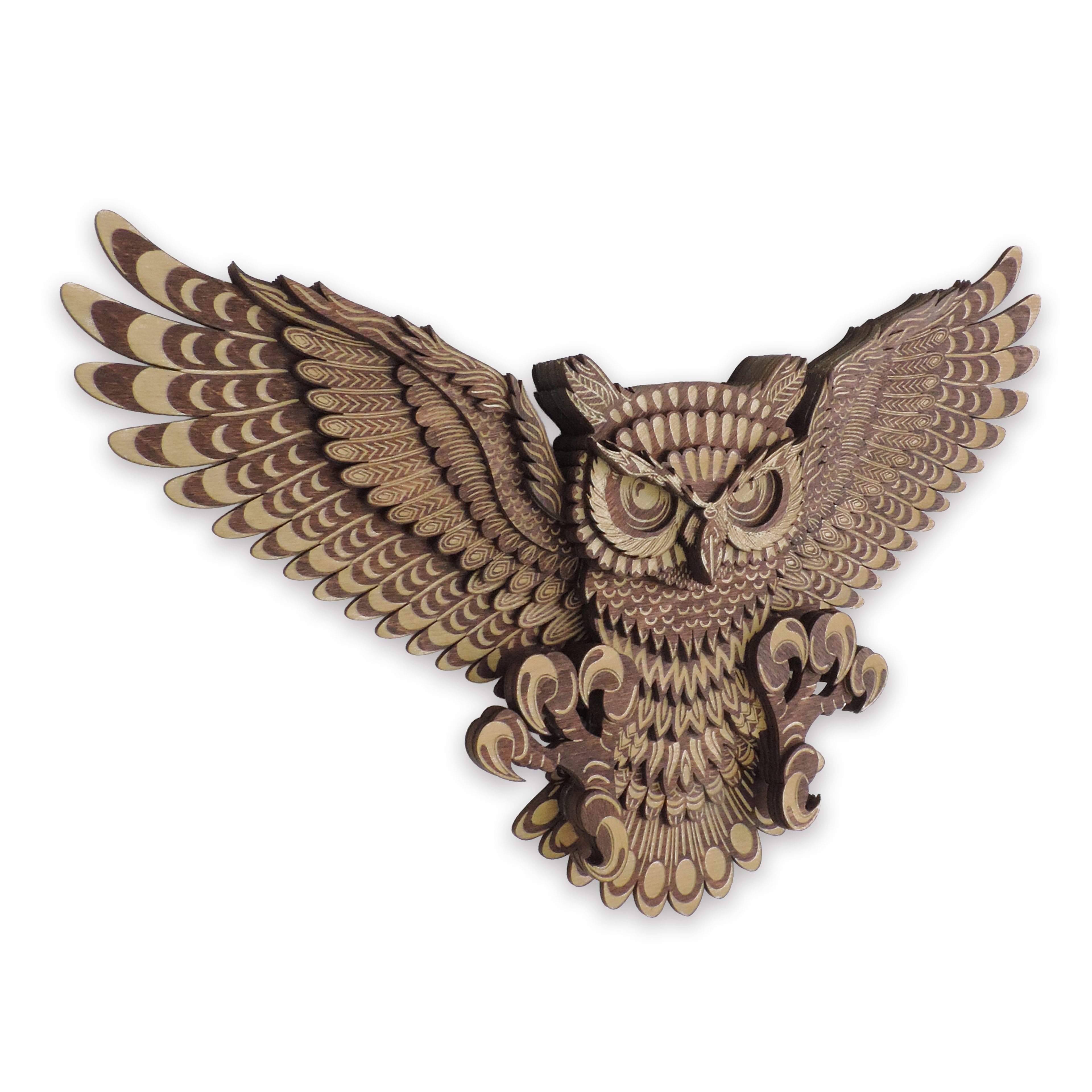 Multilayer 3D laser-cut flying owl wall art, Baltic Birch Plywood