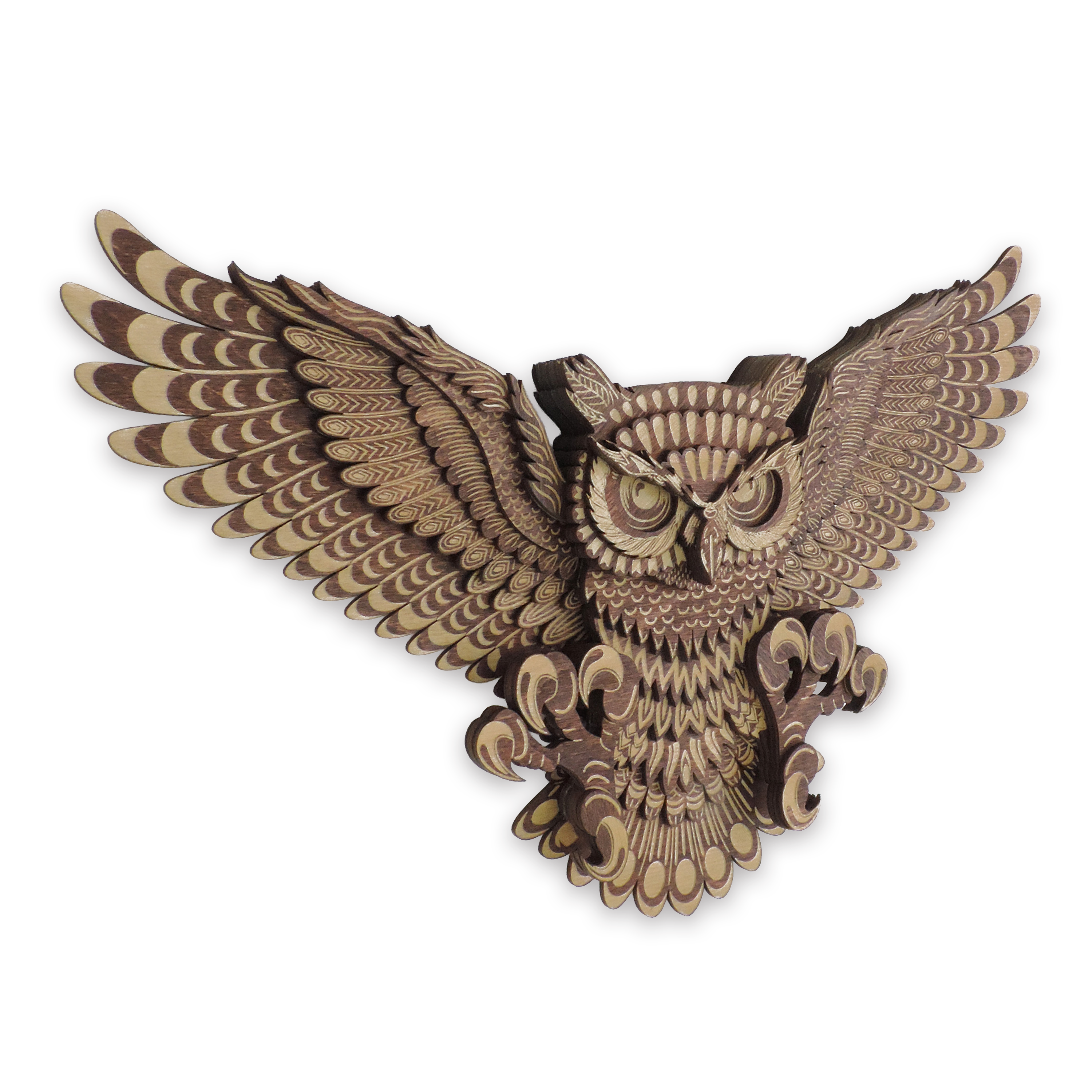 Multilayer 3D laser-cut flying owl wall art, Baltic Birch Plywood