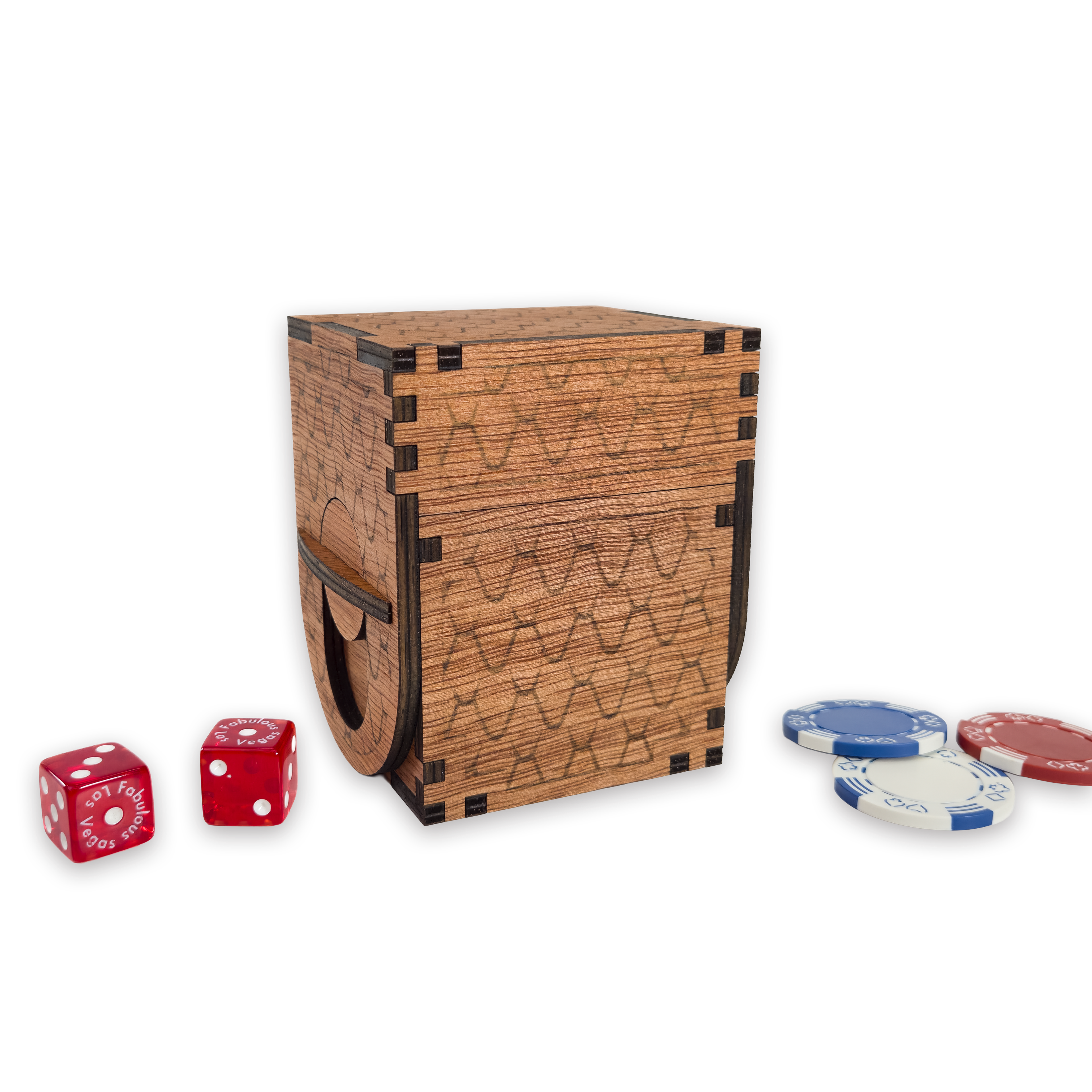 Laser-cut dragon scale deck box, cherry-finished birch plywood