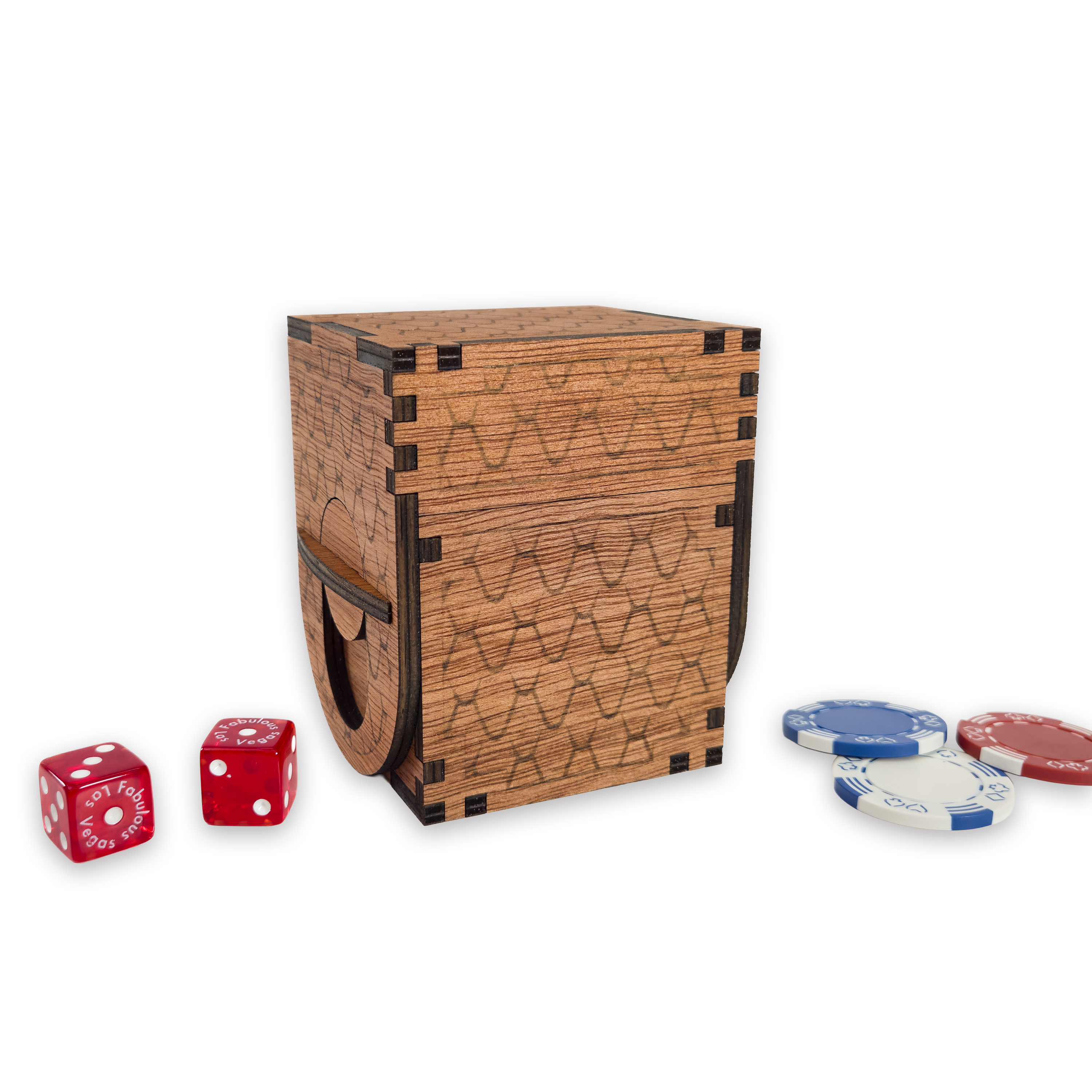 Laser-cut dragon scale deck box, cherry-finished birch plywood